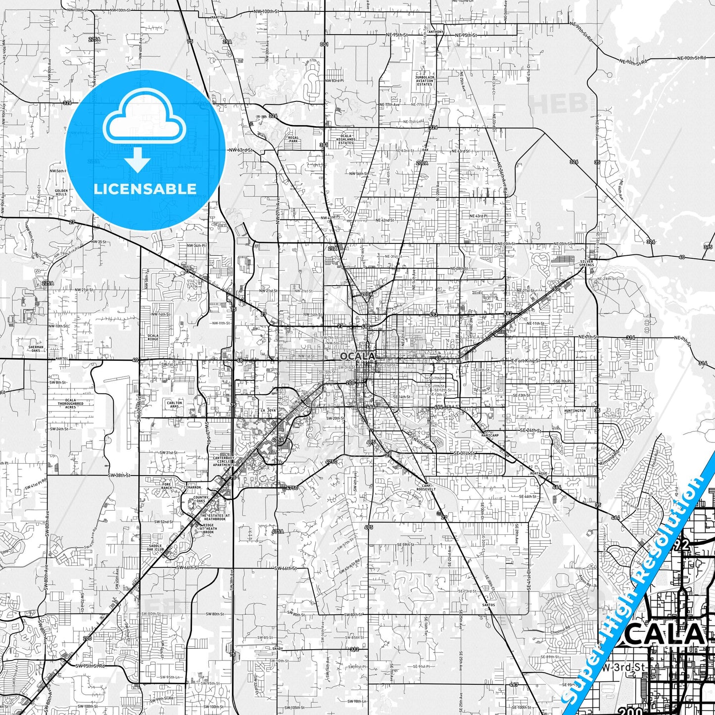 Ocala, Florida light map with streetnames, citynames and districts
