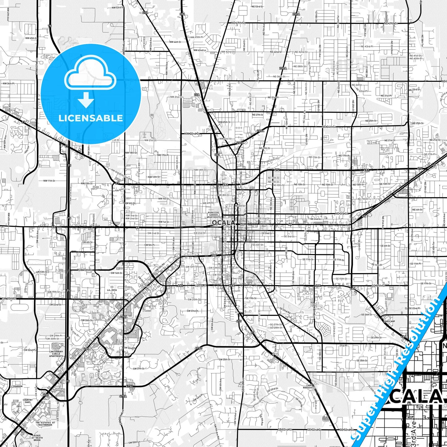 Ocala, Florida Light Map with Street Names, City Names, and Districts