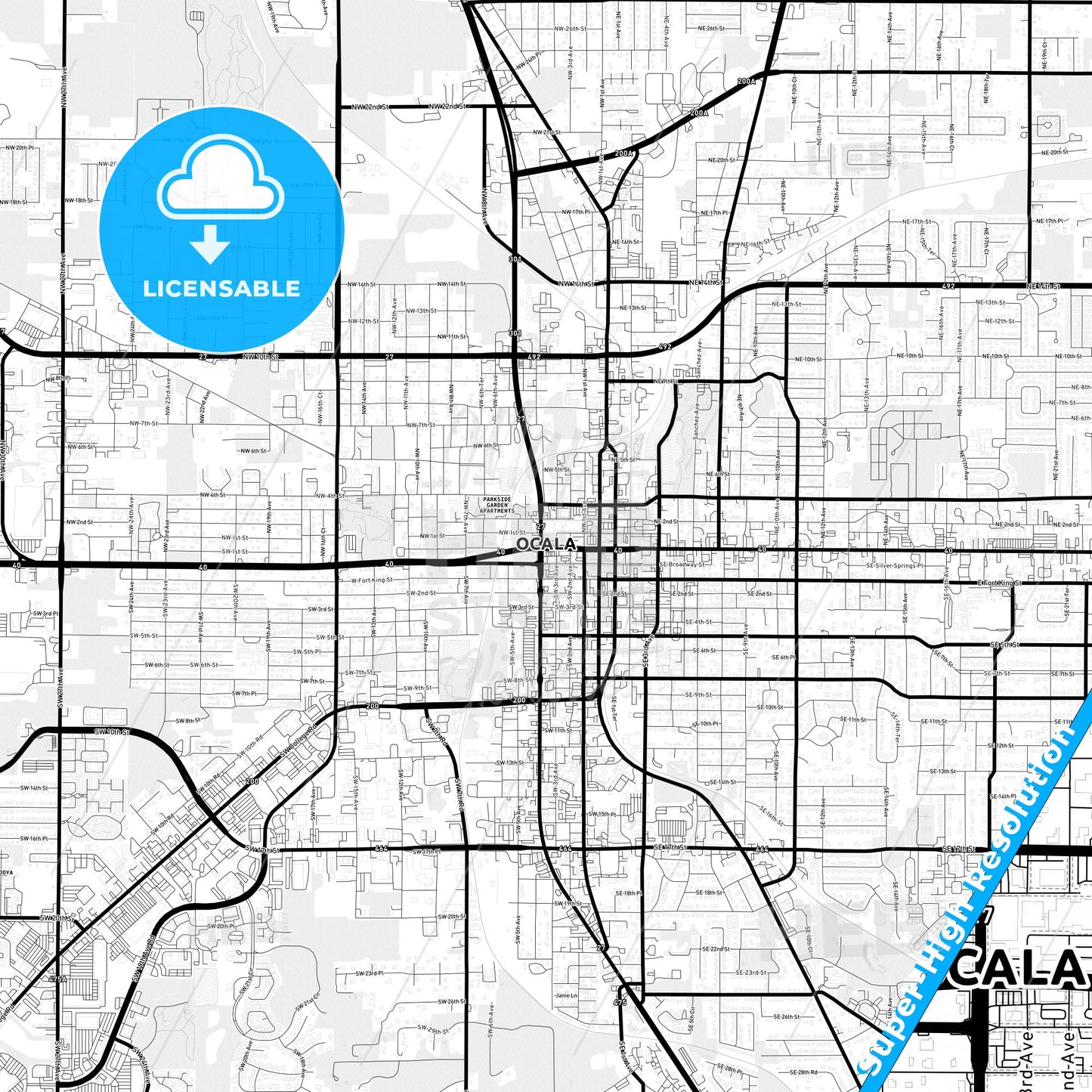 Ocala, Florida Light Map with Street Names, City Names, and Districts