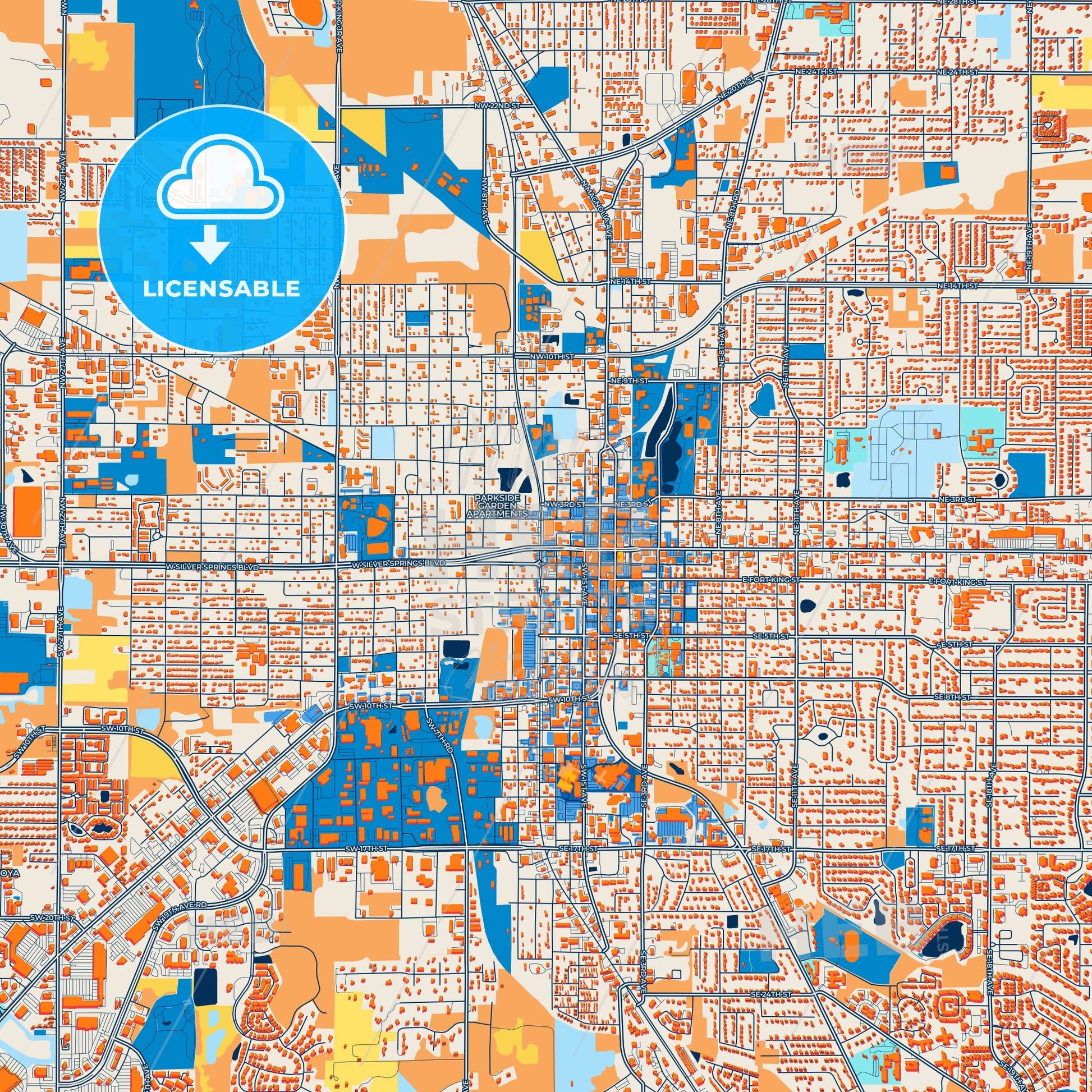 Colorful Ocala Street Map with Labels and Buildings