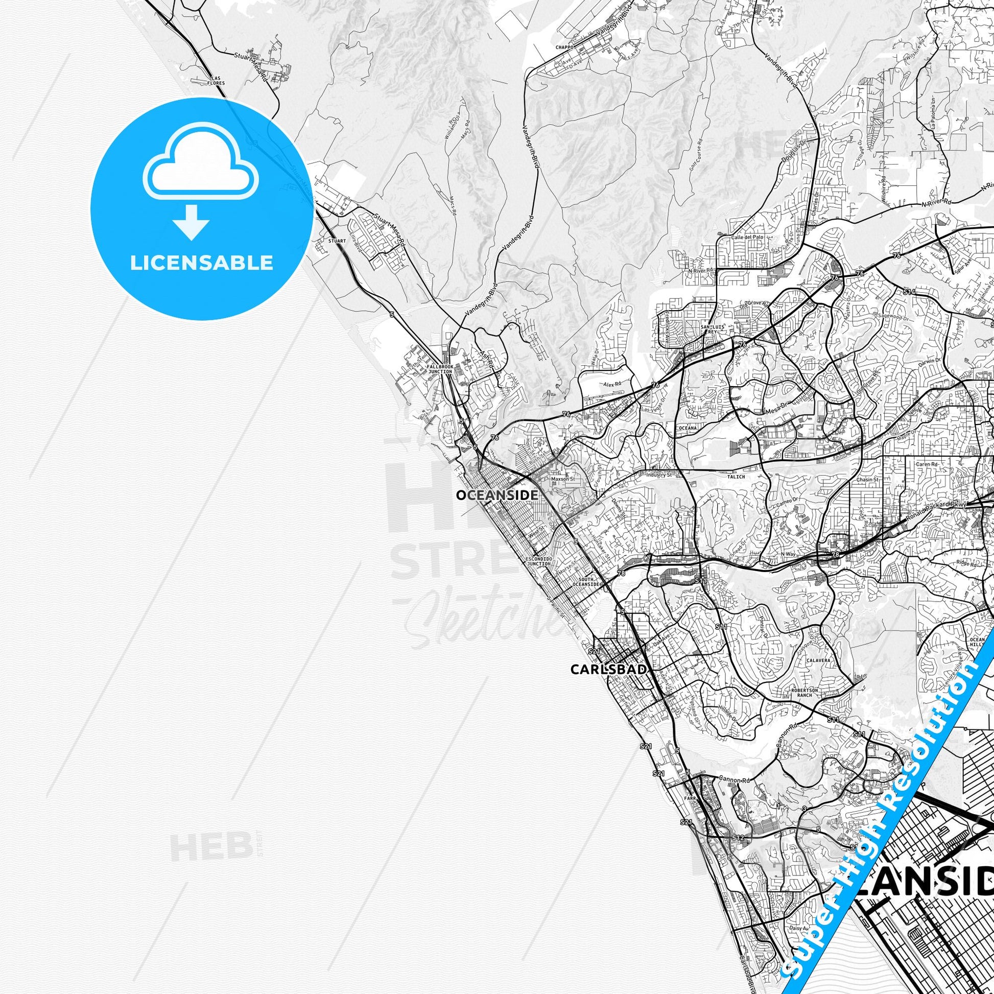 Oceanside, California light map with streetnames, citynames and districts