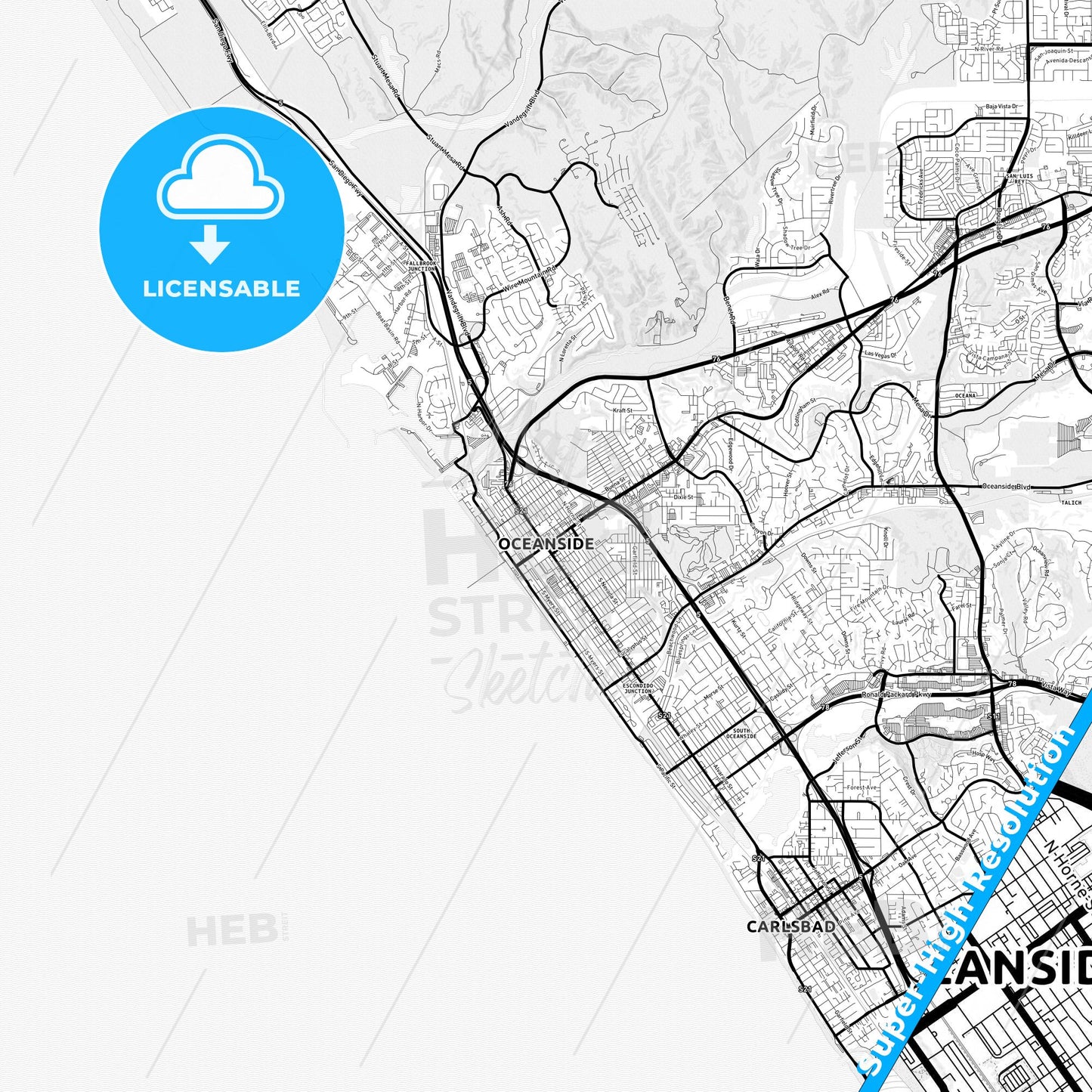 Oceanside, California Light Map with Street Names, City Names, and Districts
