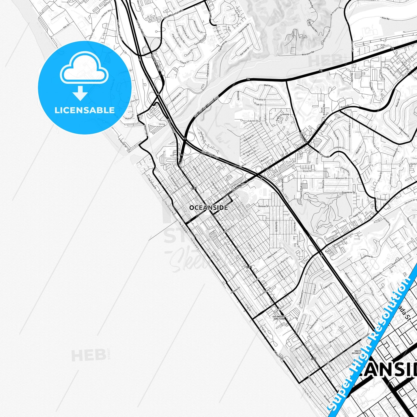 Oceanside, California Light Map with Street Names, City Names, and Districts