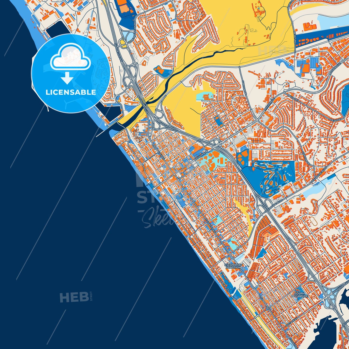 Colorful Oceanside Street Map with Labels and Buildings