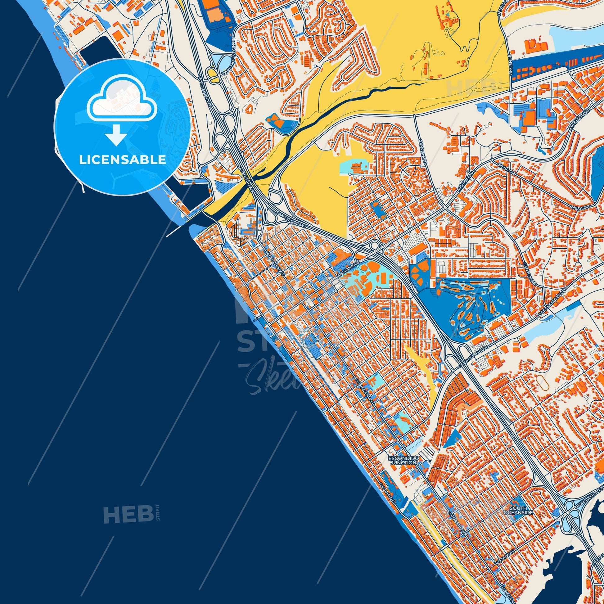 Colorful Oceanside Street Map with Labels and Buildings