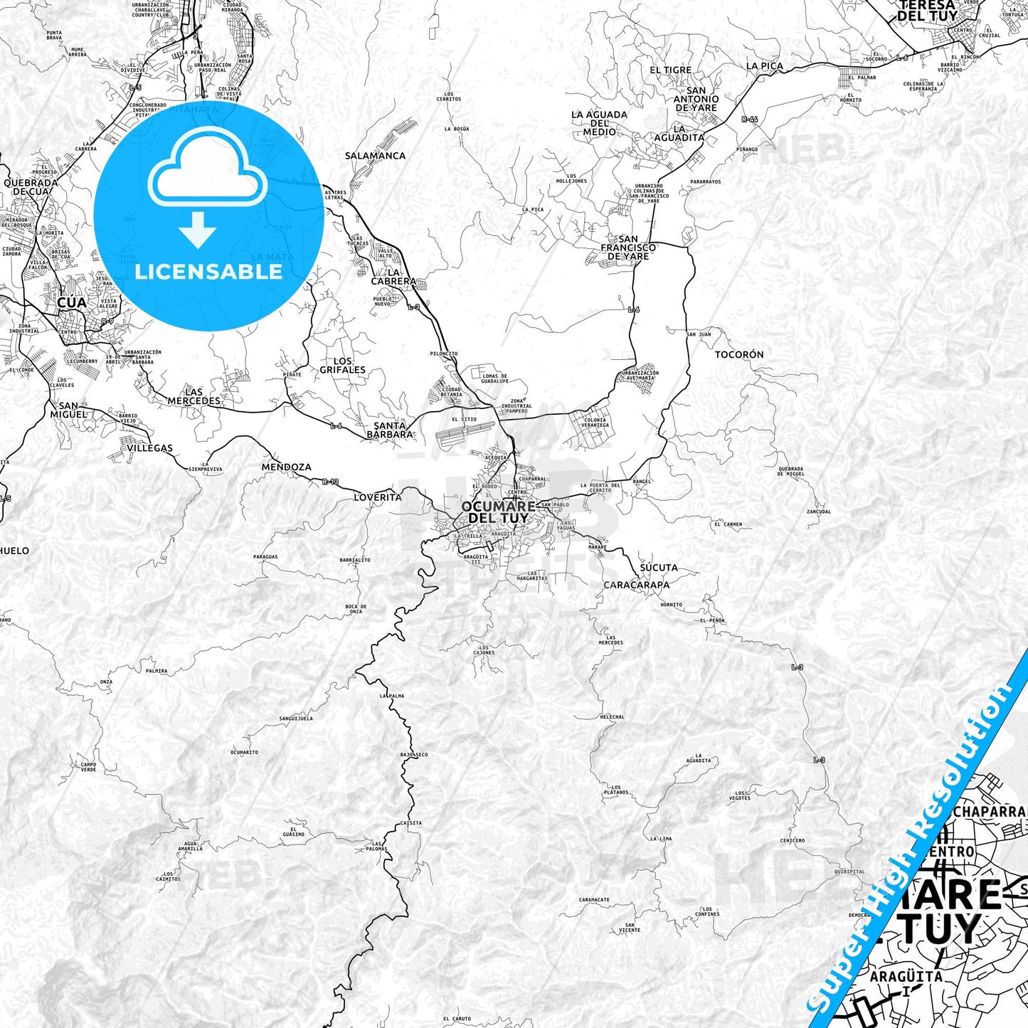 Ocumare del Tuy, Venezuela light map with streetnames, citynames and districts