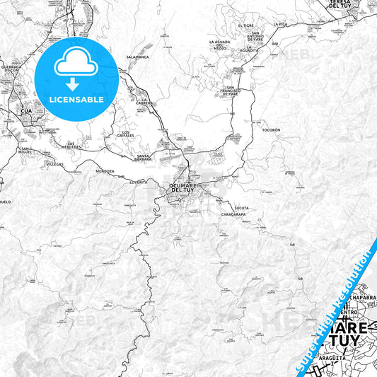 Ocumare del Tuy, Venezuela light map with streetnames, citynames and districts