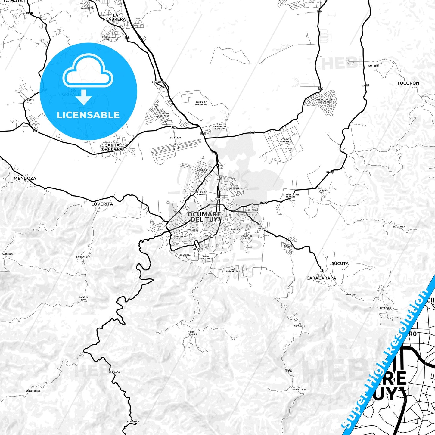 Ocumare del Tuy, Venezuela Light Map with Street Names, City Names, and Districts