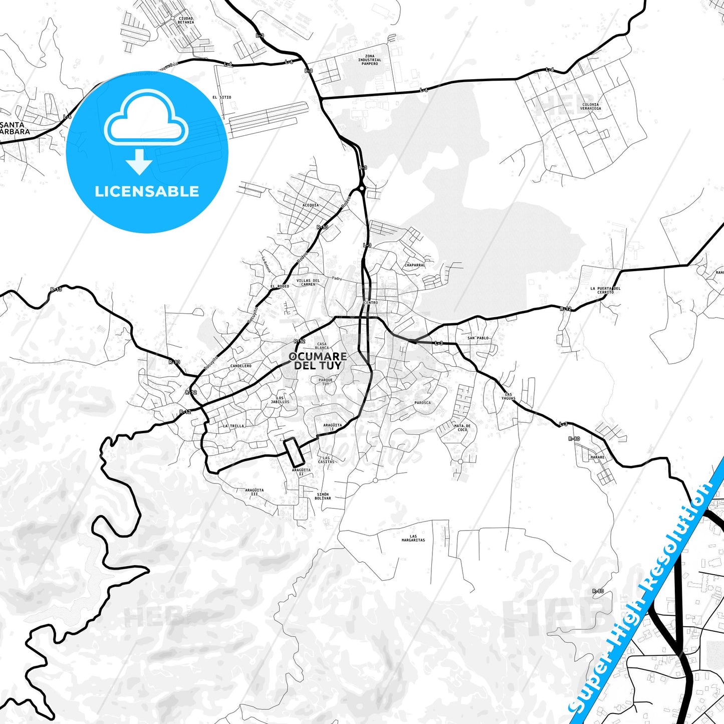 Ocumare del Tuy, Venezuela Light Map with Street Names, City Names, and Districts