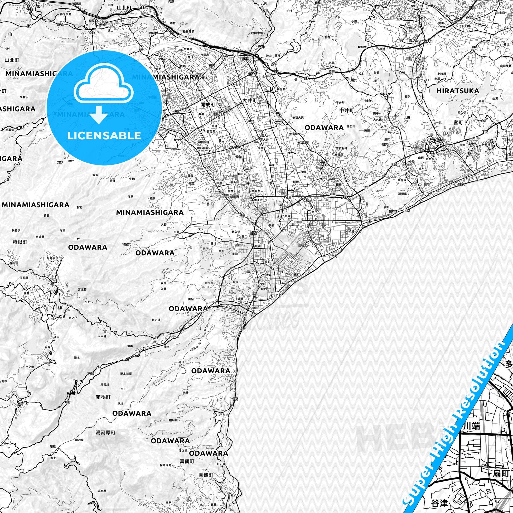 Odawara, Japan light map with streetnames, citynames and districts