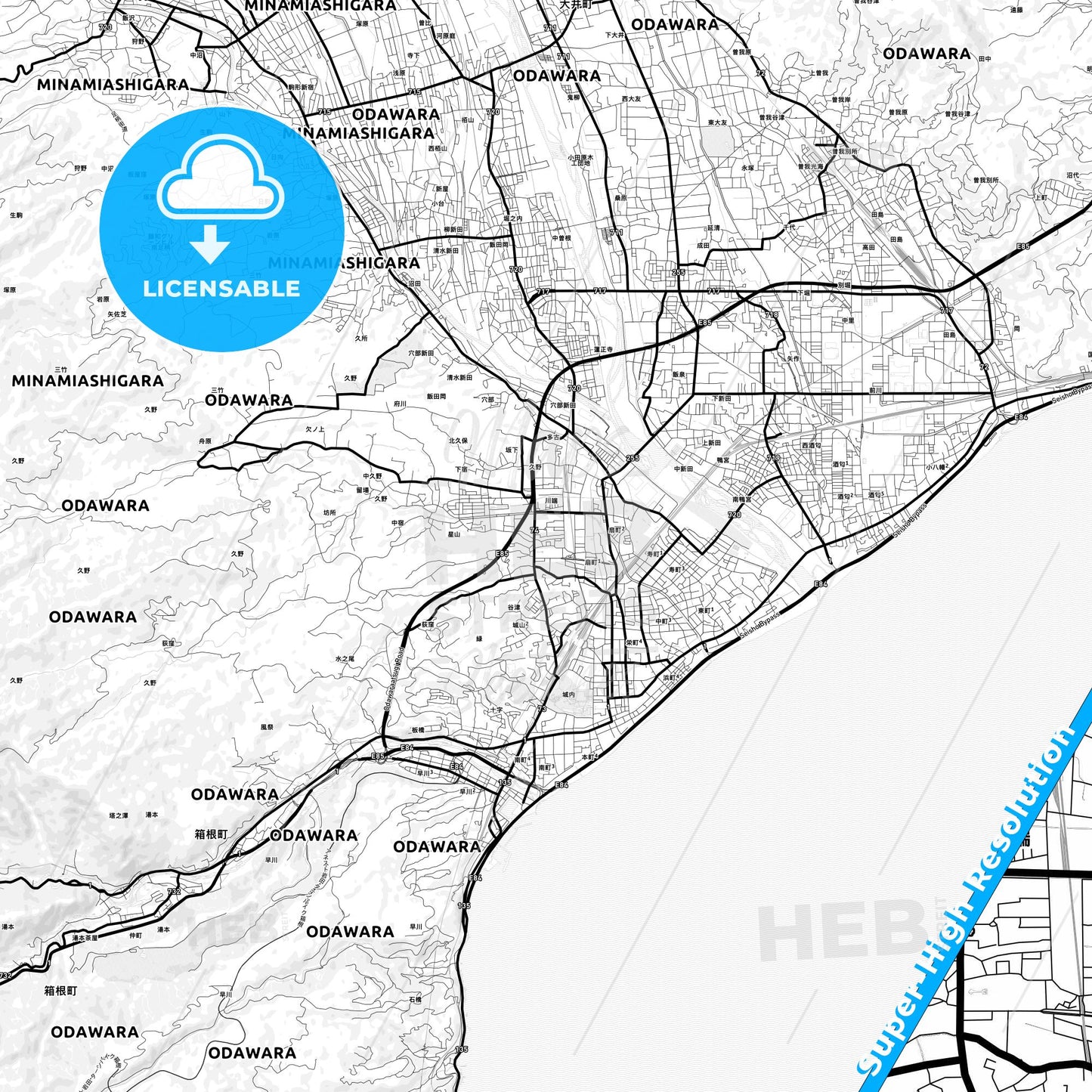 Odawara, Japan Light Map with Street Names, City Names, and Districts
