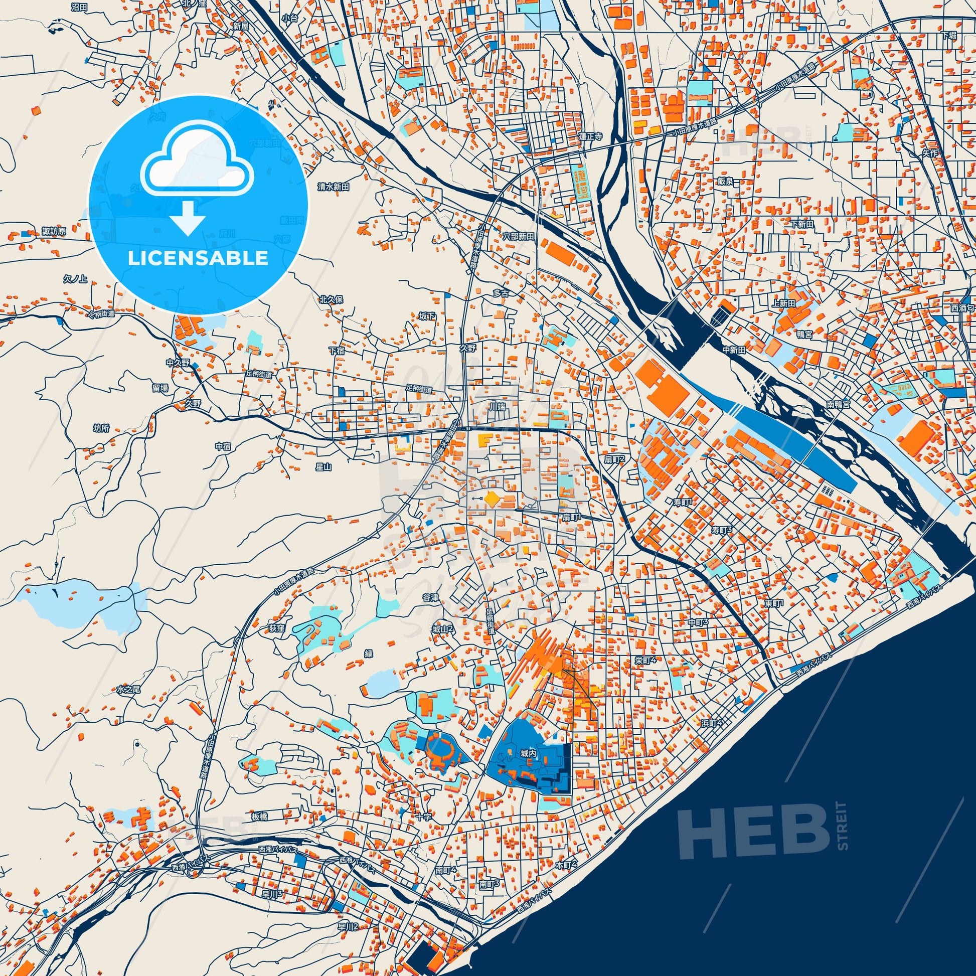 Colorful Odawara Street Map with Labels and Buildings