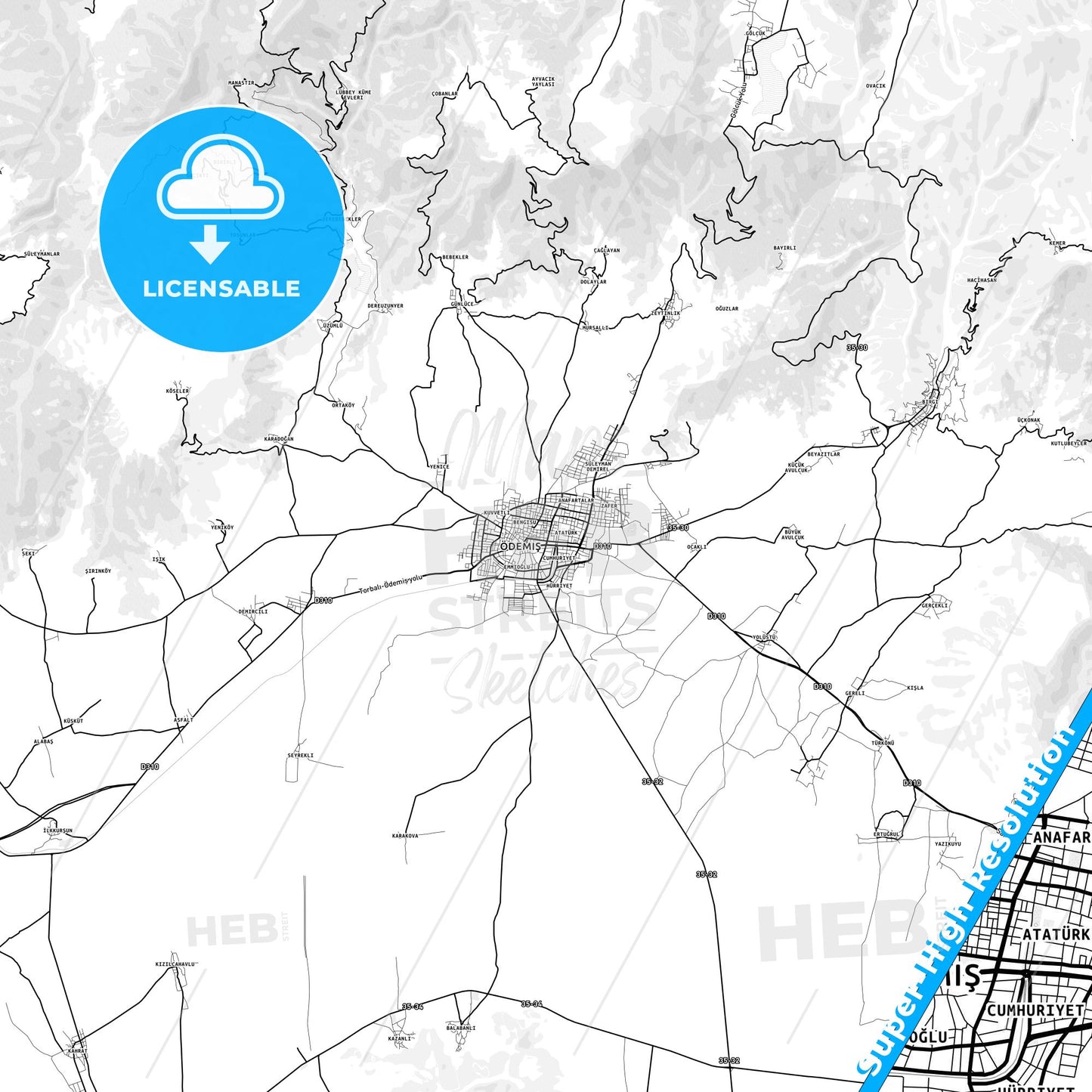 Ödemiş, Turkey light map with streetnames, citynames and districts