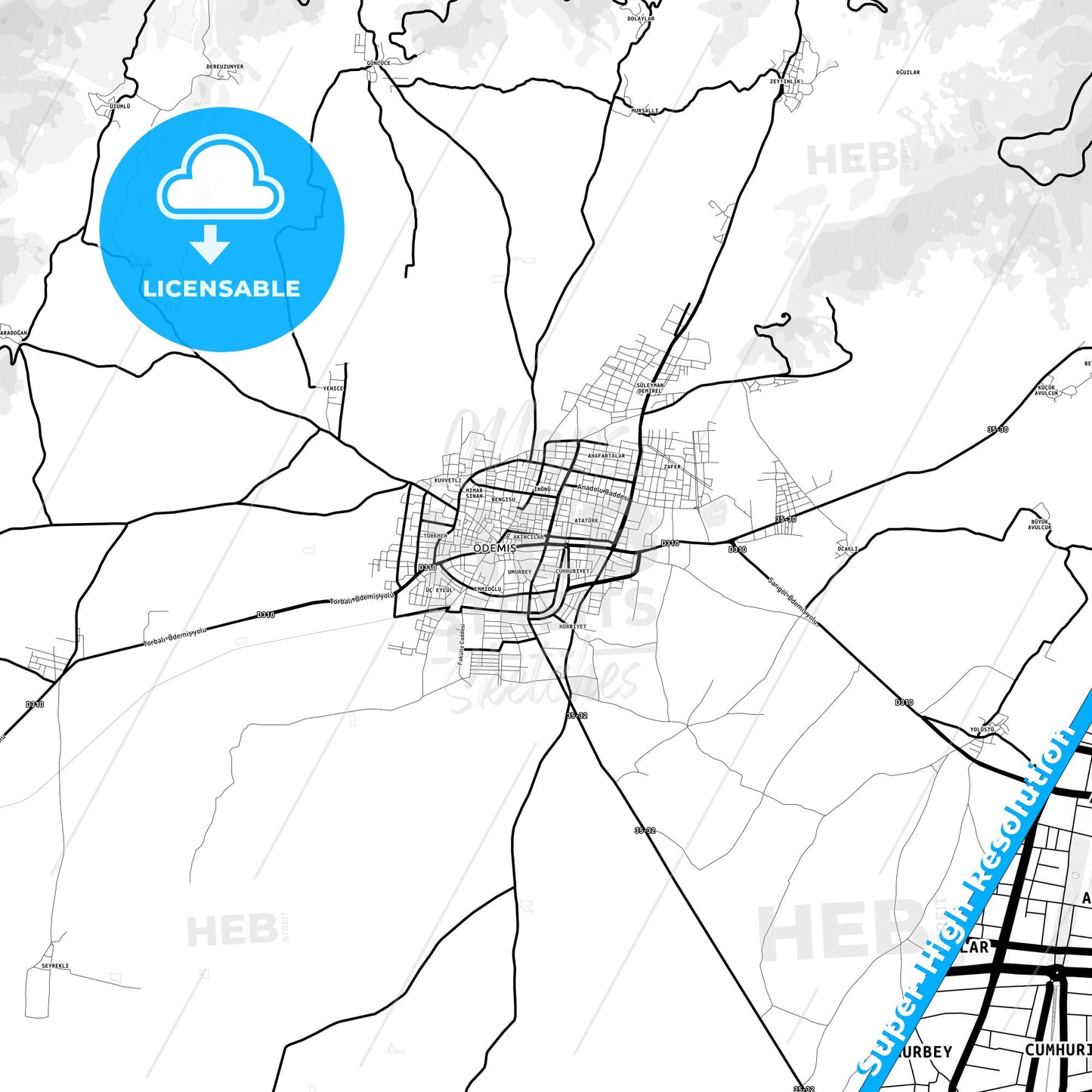 Ödemiş, Turkey Light Map with Street Names, City Names, and Districts