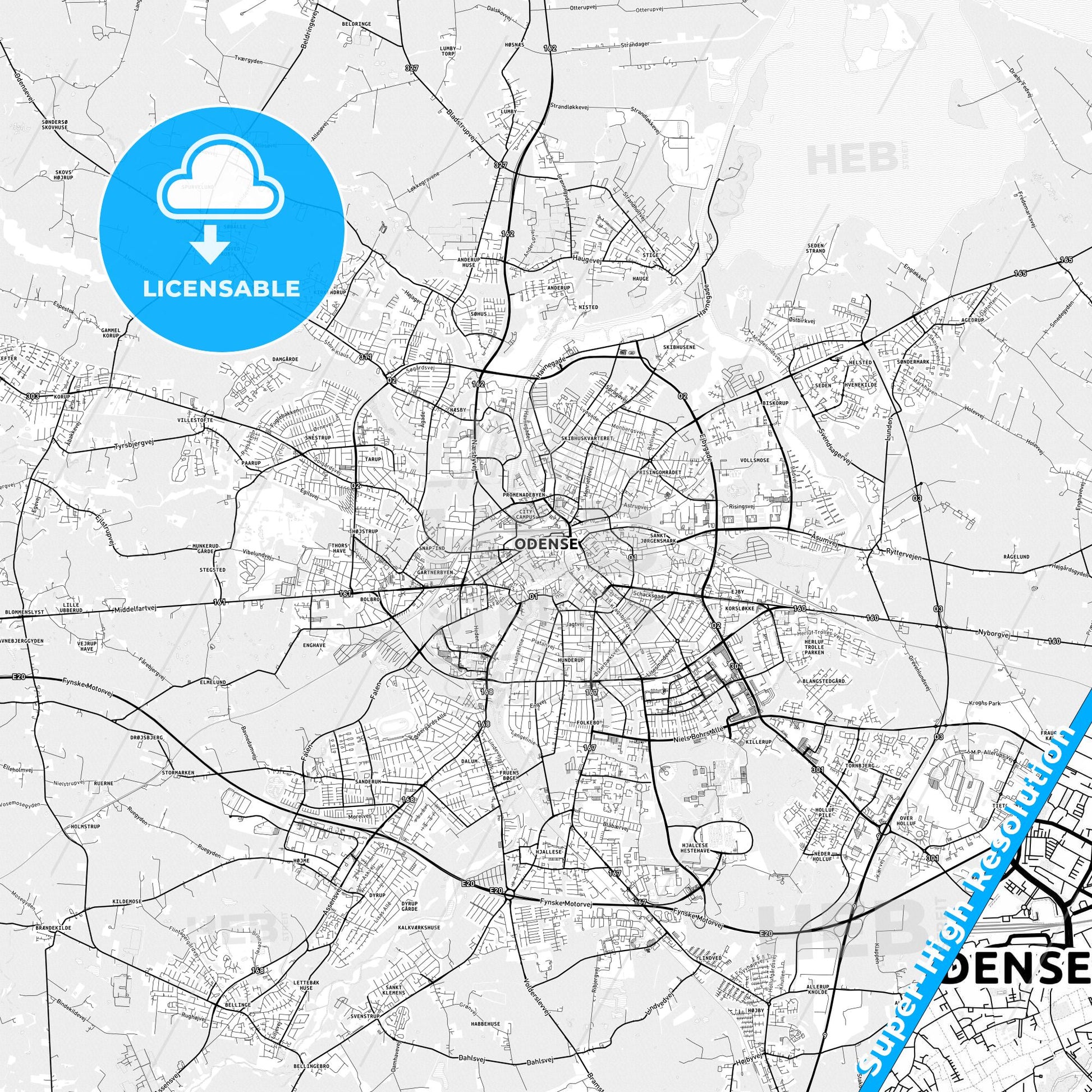 Odense, Denmark light map with streetnames, citynames and districts