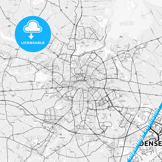 Odense, Denmark light map with streetnames, citynames and districts