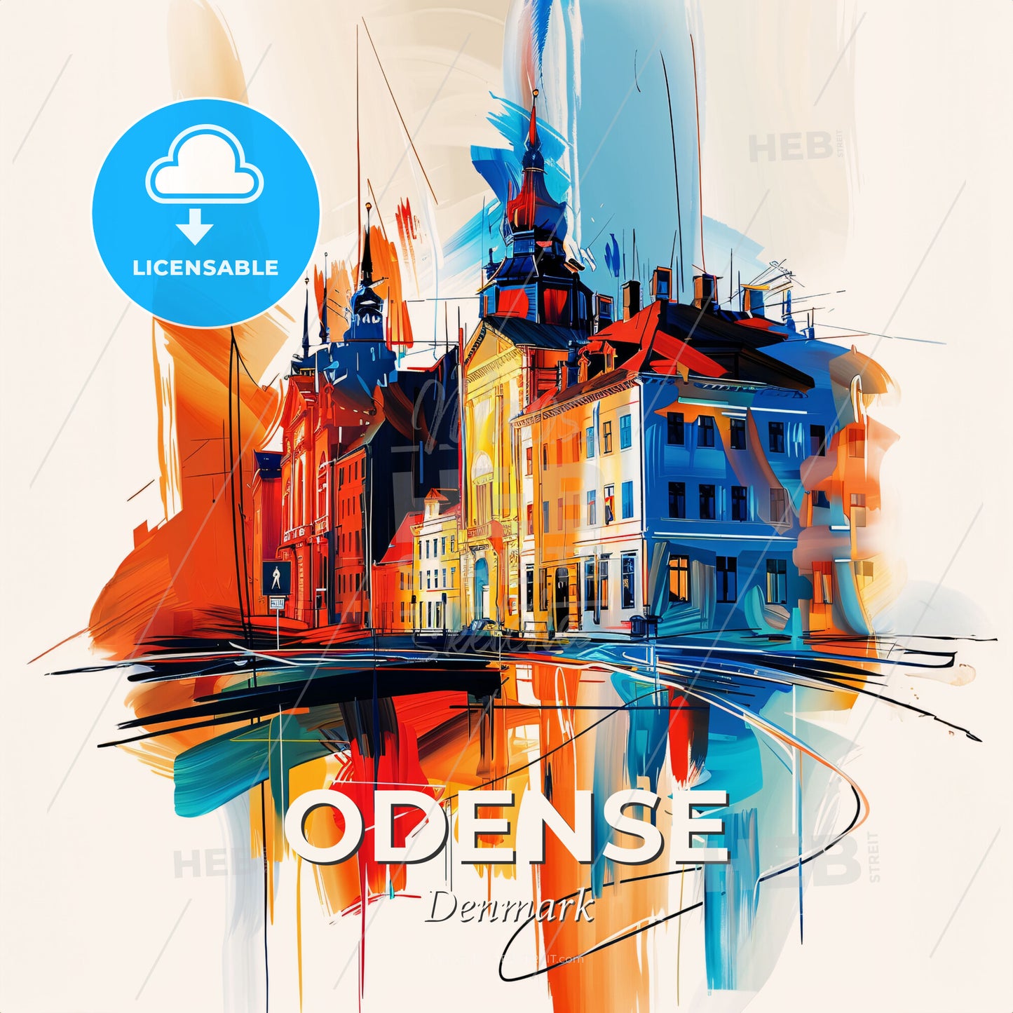 Vibrant Odense, Denmark - A Painting Of A Skyline With A Colorful Building - Square format print template