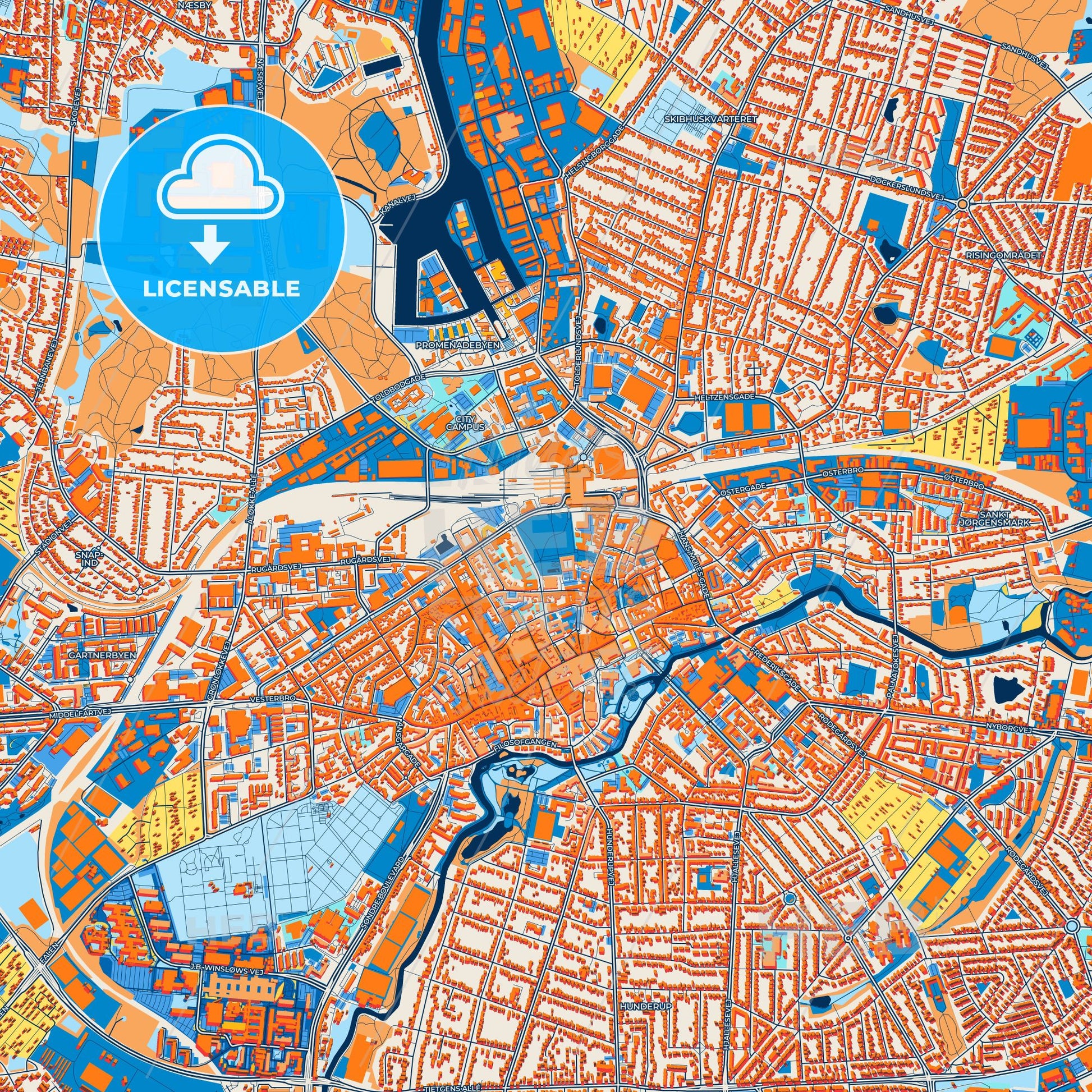 Colorful Odense Street Map with Labels and Buildings