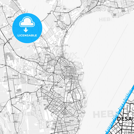 Odessa, Ukraine light map with streetnames, citynames and districts