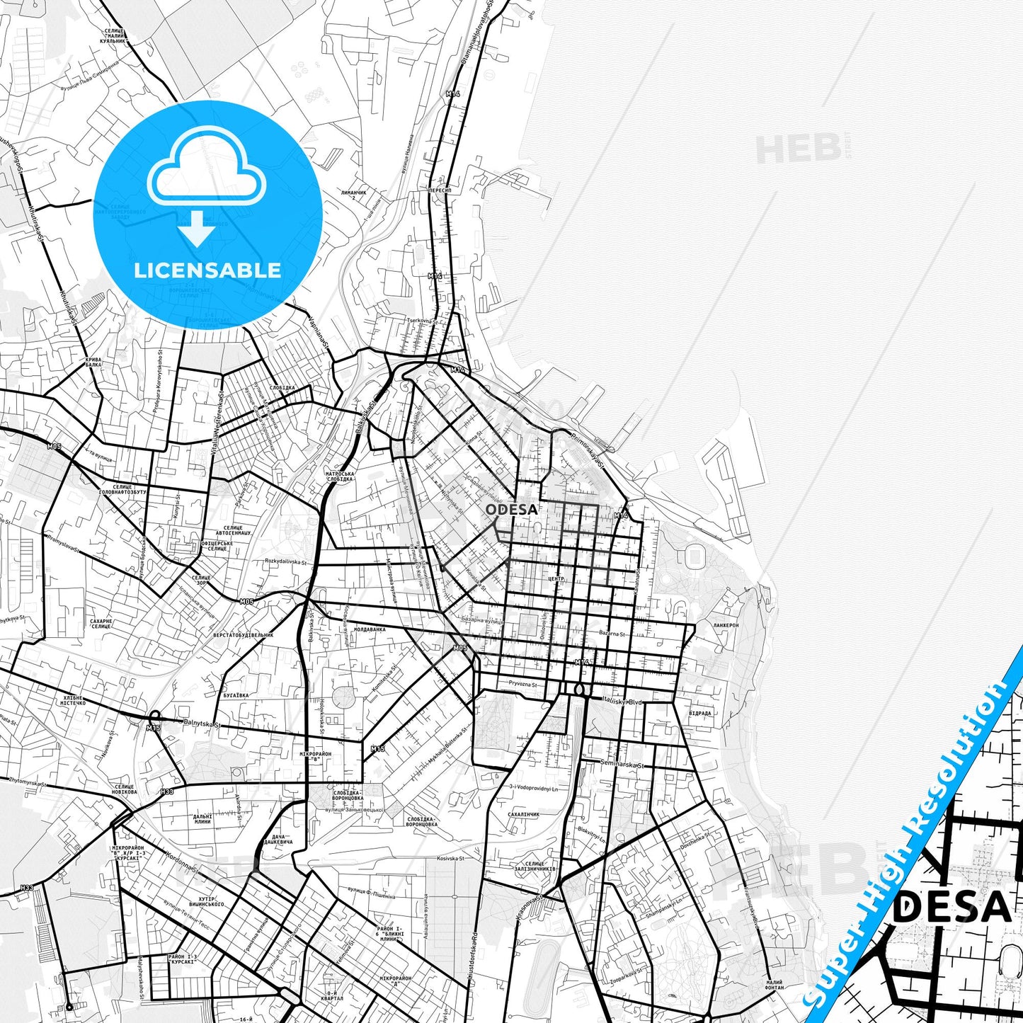 Odessa, Ukraine Light Map with Street Names, City Names, and Districts