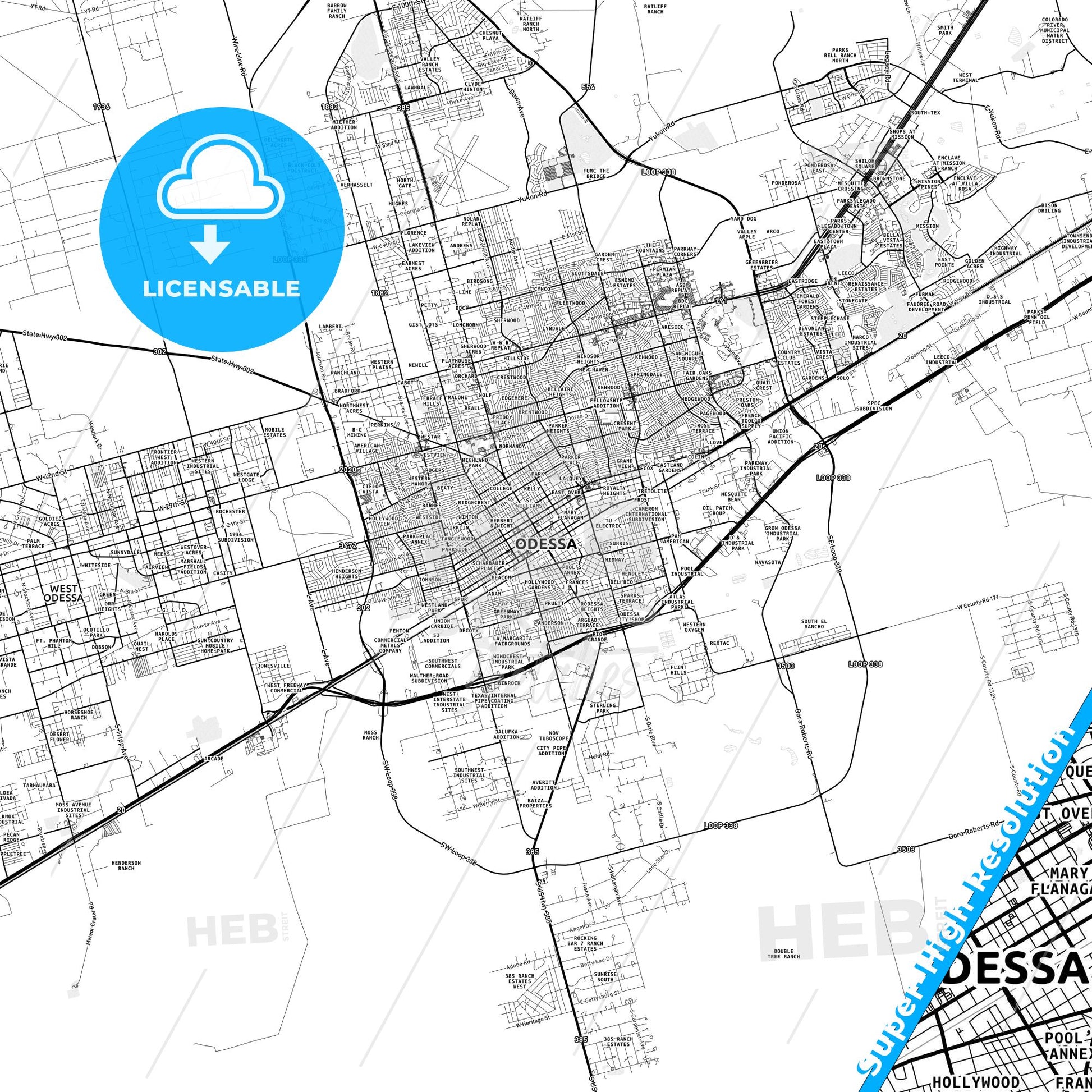 Odessa, Texas light map with streetnames, citynames and districts