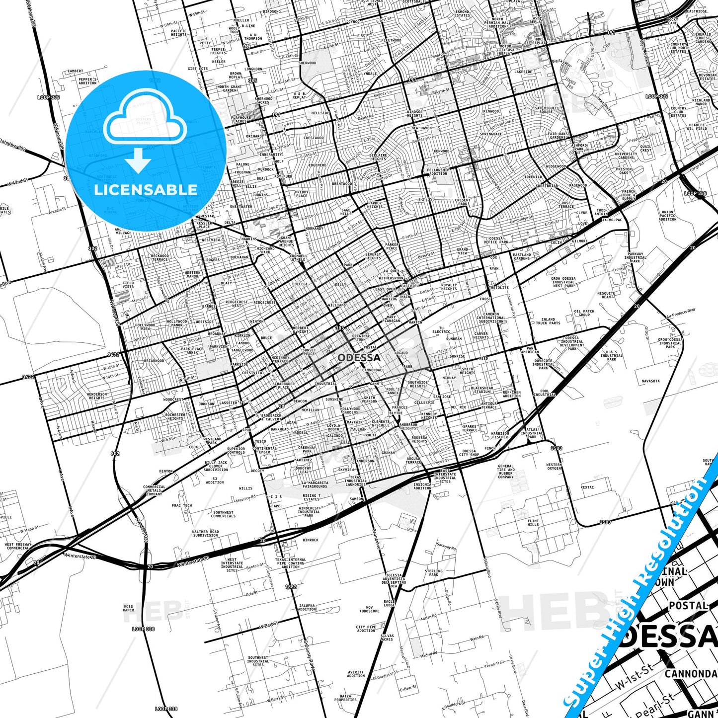 Odessa, Texas Light Map with Street Names, City Names, and Districts