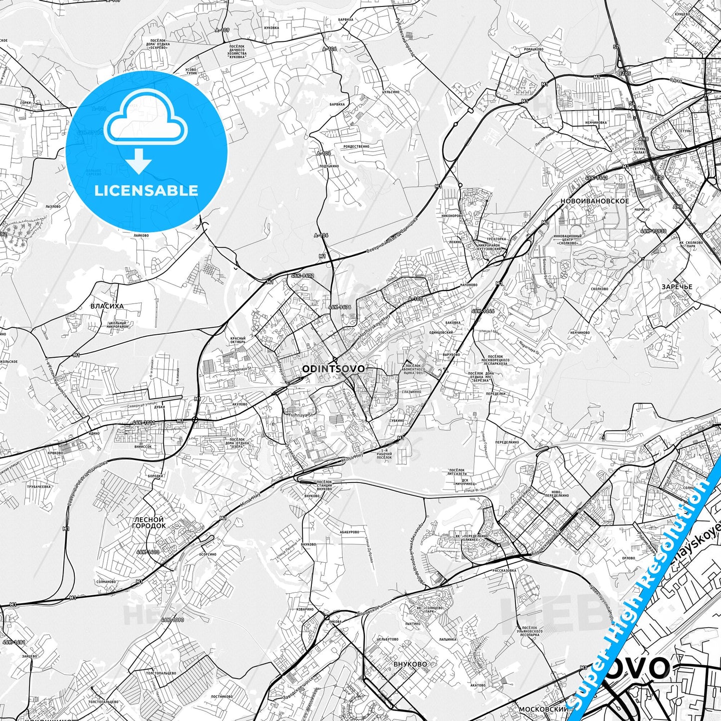 Odintsovo, Russia light map with streetnames, citynames and districts