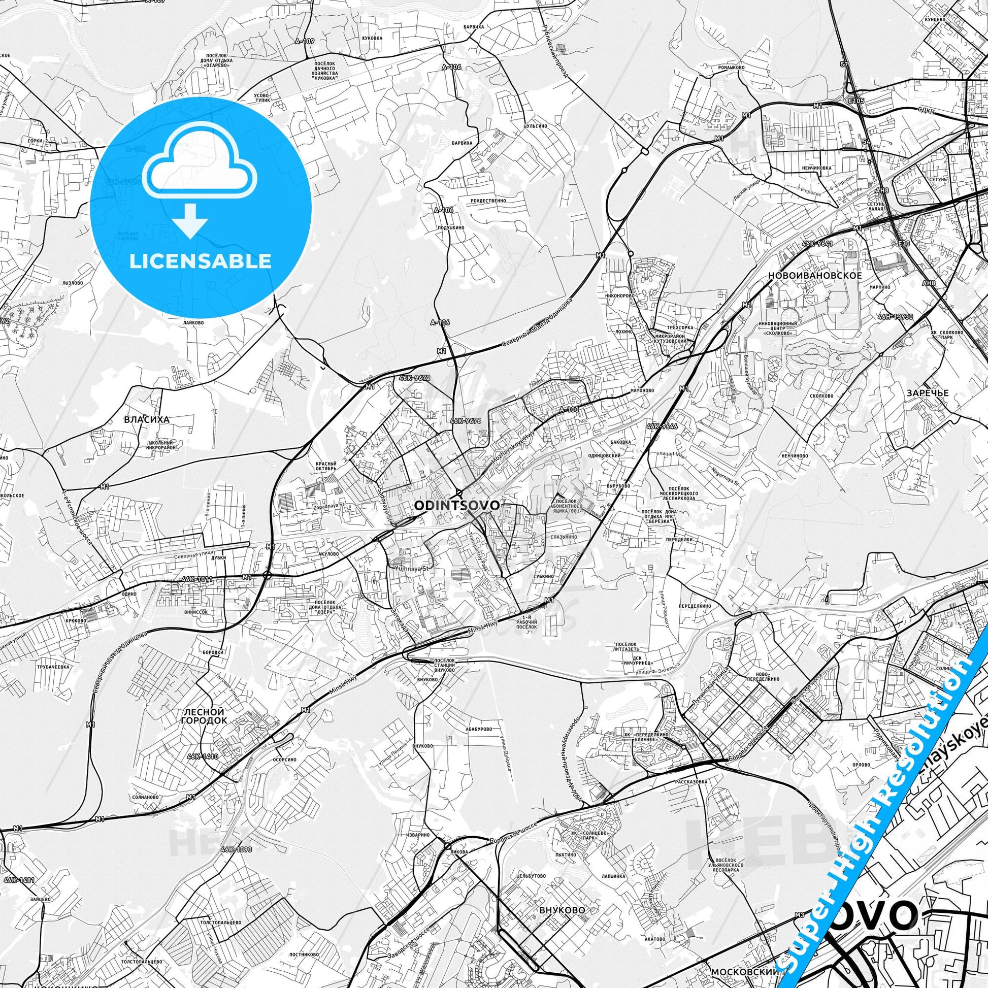Odintsovo, Russia light map with streetnames, citynames and districts