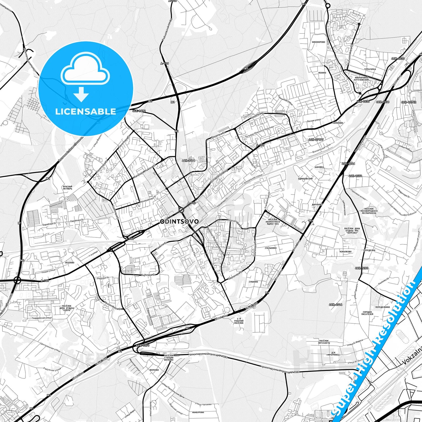 Odintsovo, Russia Light Map with Street Names, City Names, and Districts