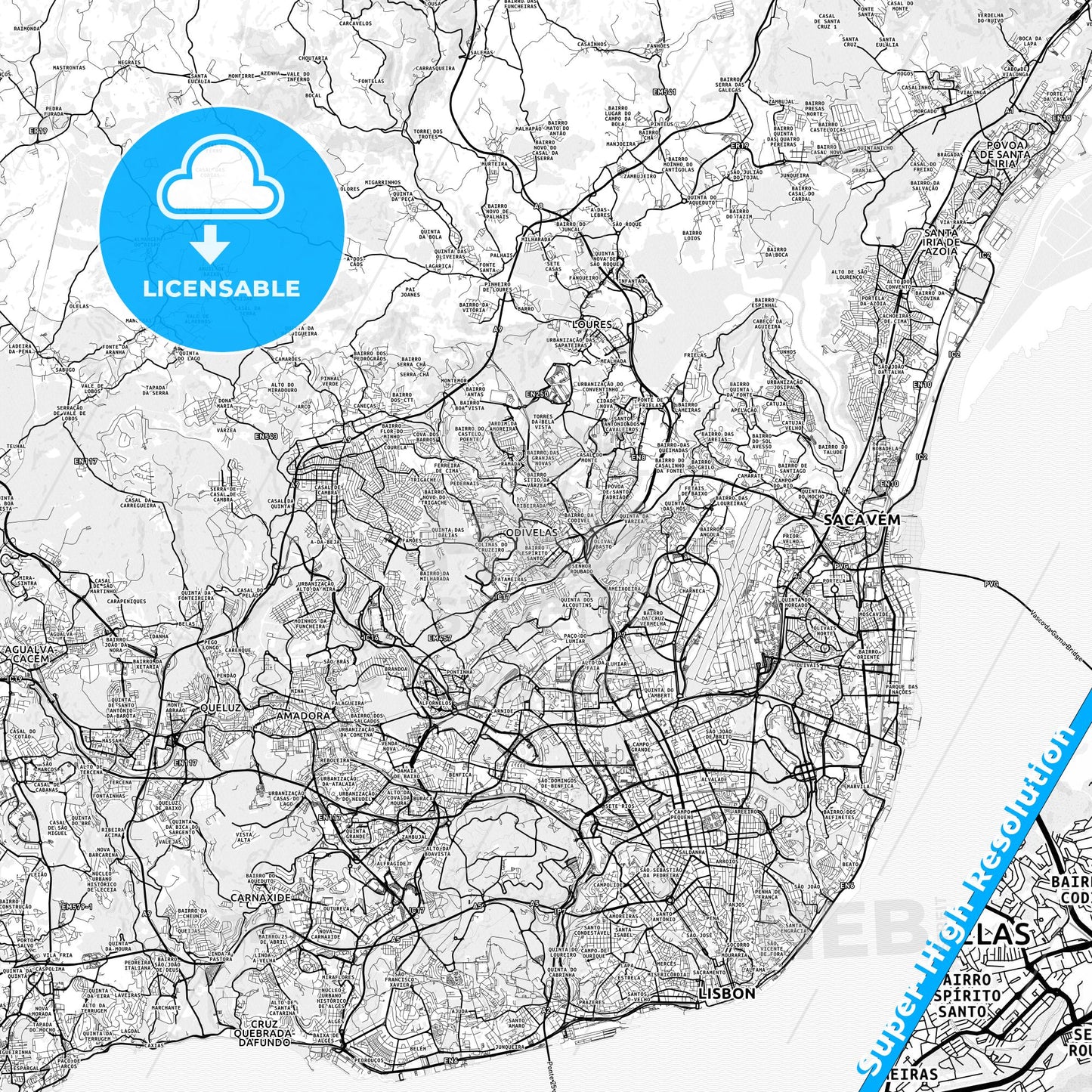 Odivelas, Portugal light map with streetnames, citynames and districts