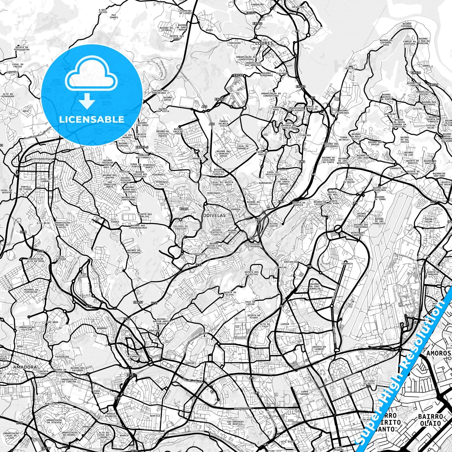 Odivelas, Portugal Light Map with Street Names, City Names, and Districts