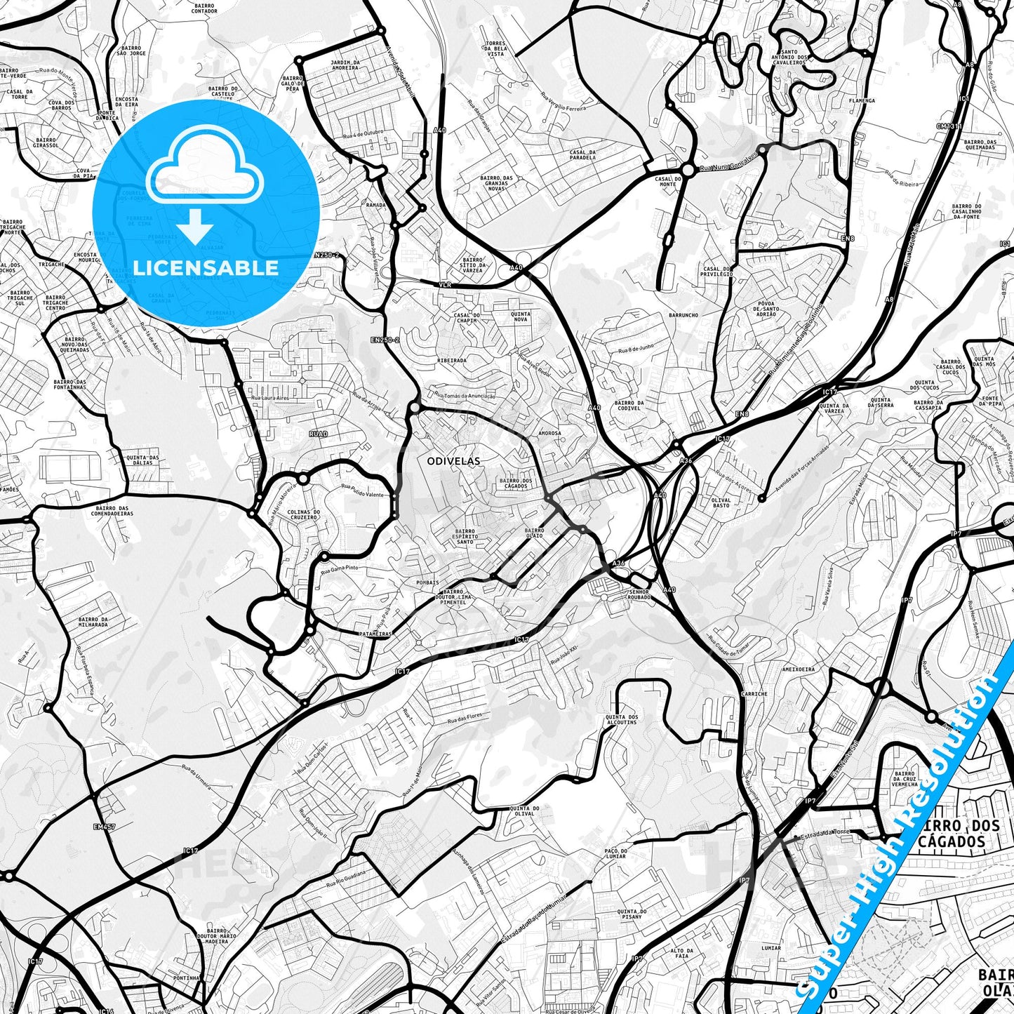 Odivelas, Portugal Light Map with Street Names, City Names, and Districts