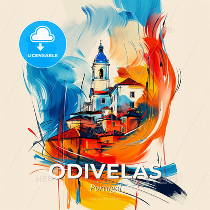Vibrant Odivelas, Portugal - A Painting Of A Building With A Bell Tower - Square format print template