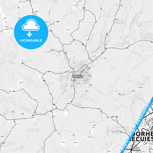 Odorheiu Secuiesc, Romania light map with streetnames, citynames and districts