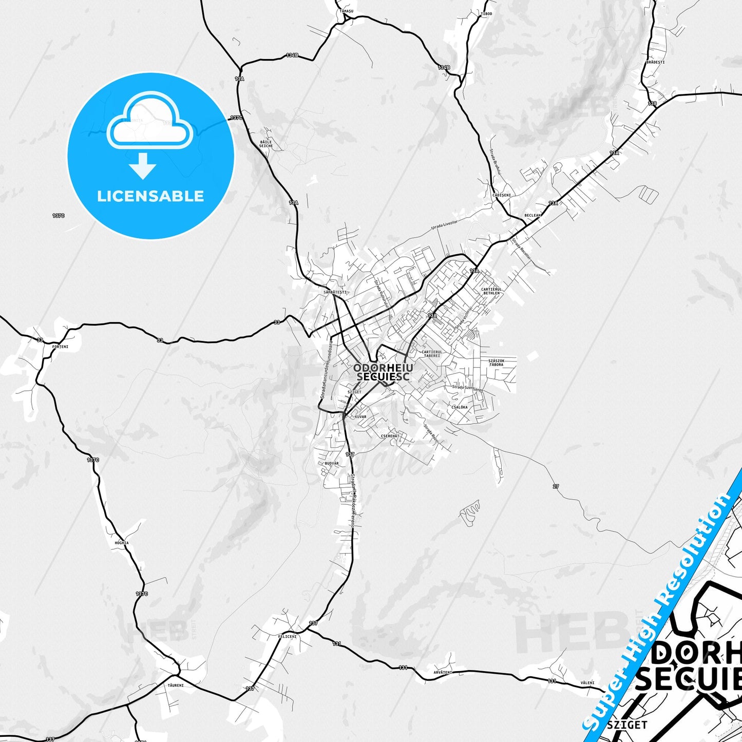 Odorheiu Secuiesc, Romania Light Map with Street Names, City Names, and Districts