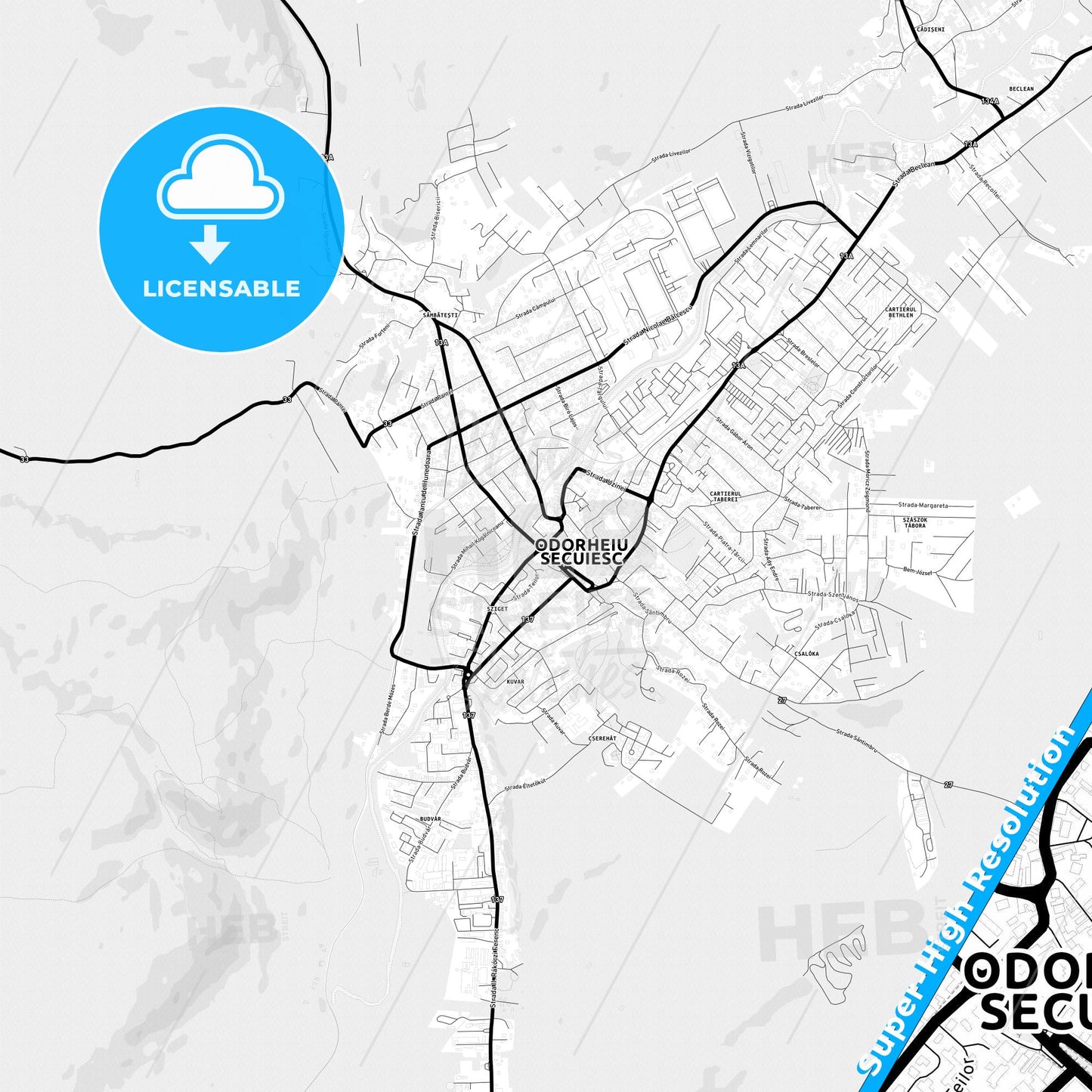 Odorheiu Secuiesc, Romania Light Map with Street Names, City Names, and Districts
