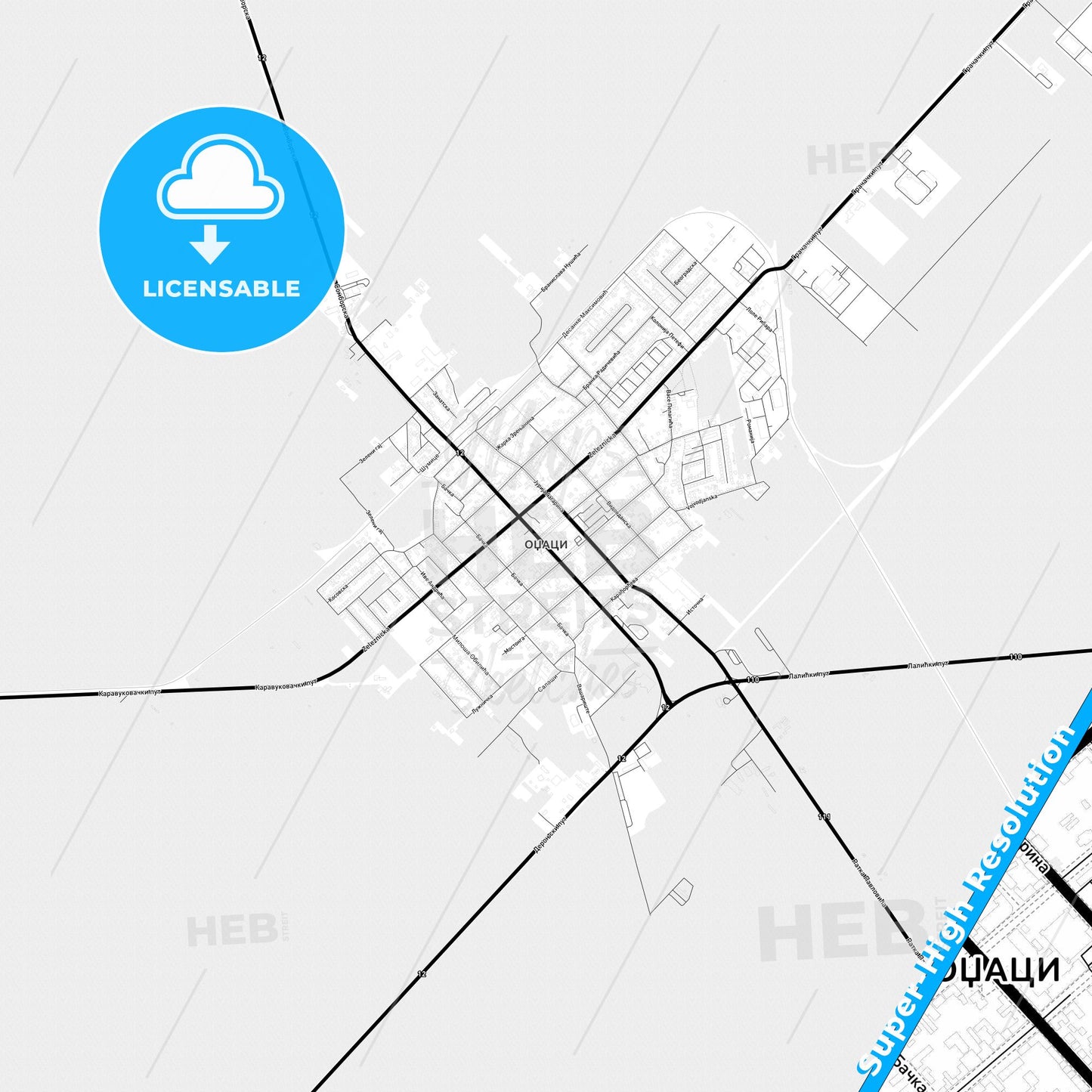 Odžaci, Serbia Light Map with Street Names, City Names, and Districts