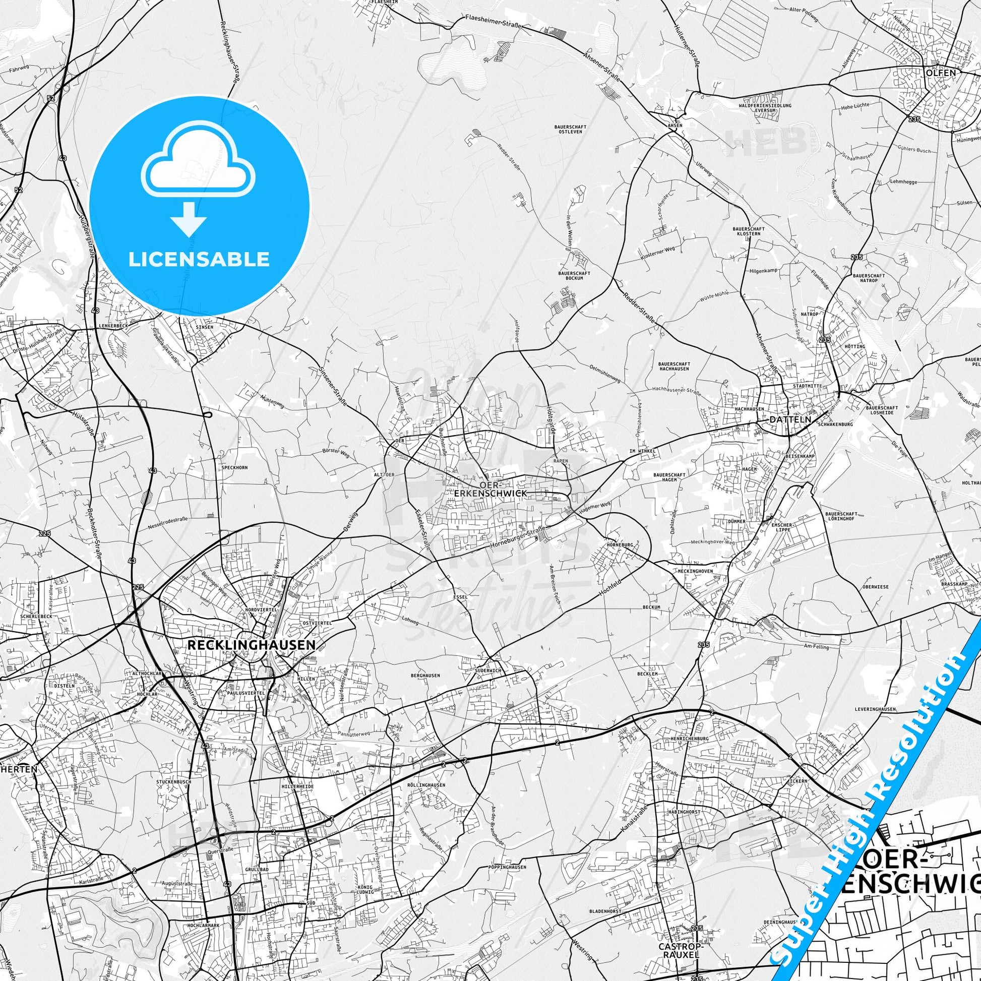 Oer-Erkenschwick, Germany light map with streetnames, citynames and districts