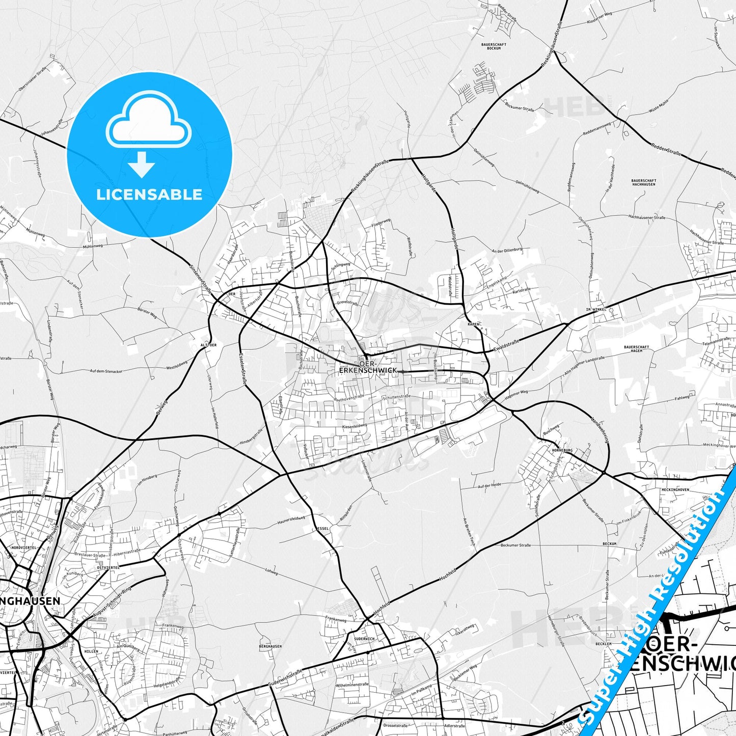Oer-Erkenschwick, Germany Light Map with Street Names, City Names, and Districts