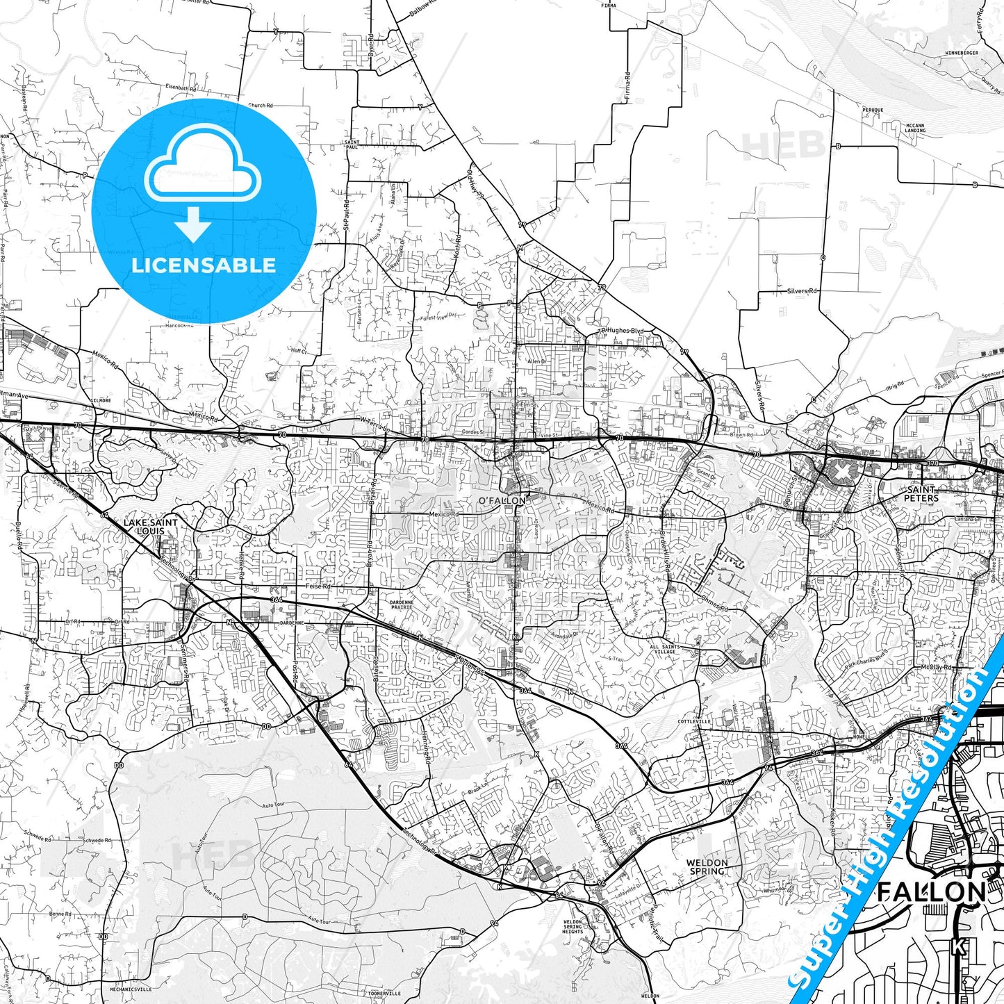 O Fallon, Missouri light map with streetnames, citynames and districts