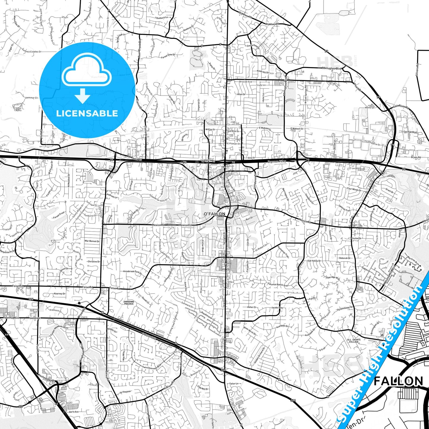 O Fallon, Missouri Light Map with Street Names, City Names, and Districts