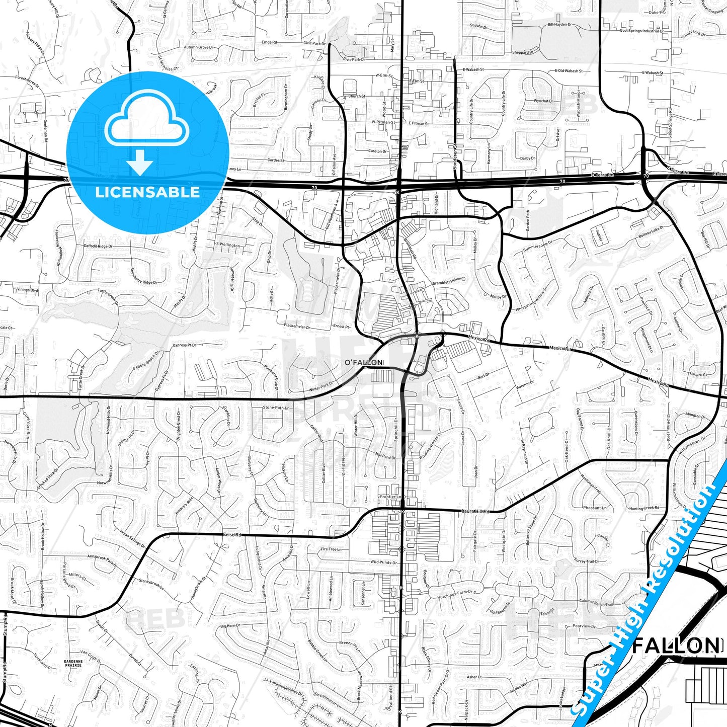 O Fallon, Missouri Light Map with Street Names, City Names, and Districts