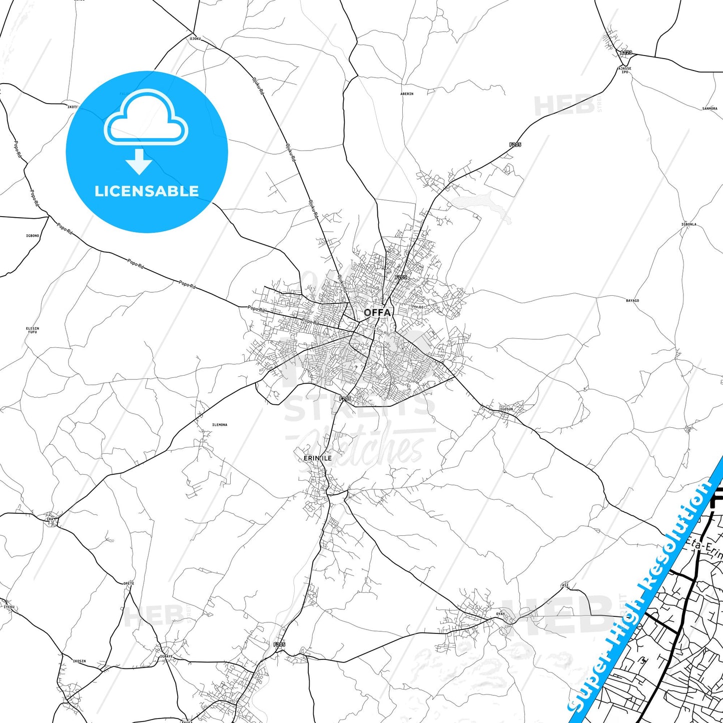 Offa, Nigeria light map with streetnames, citynames and districts