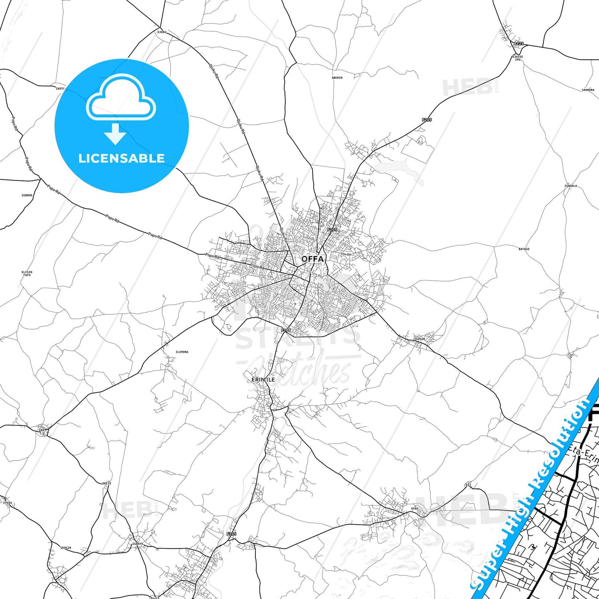 Offa, Nigeria light map with streetnames, citynames and districts