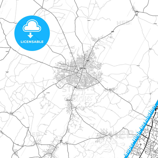 Offa, Nigeria light map with streetnames, citynames and districts