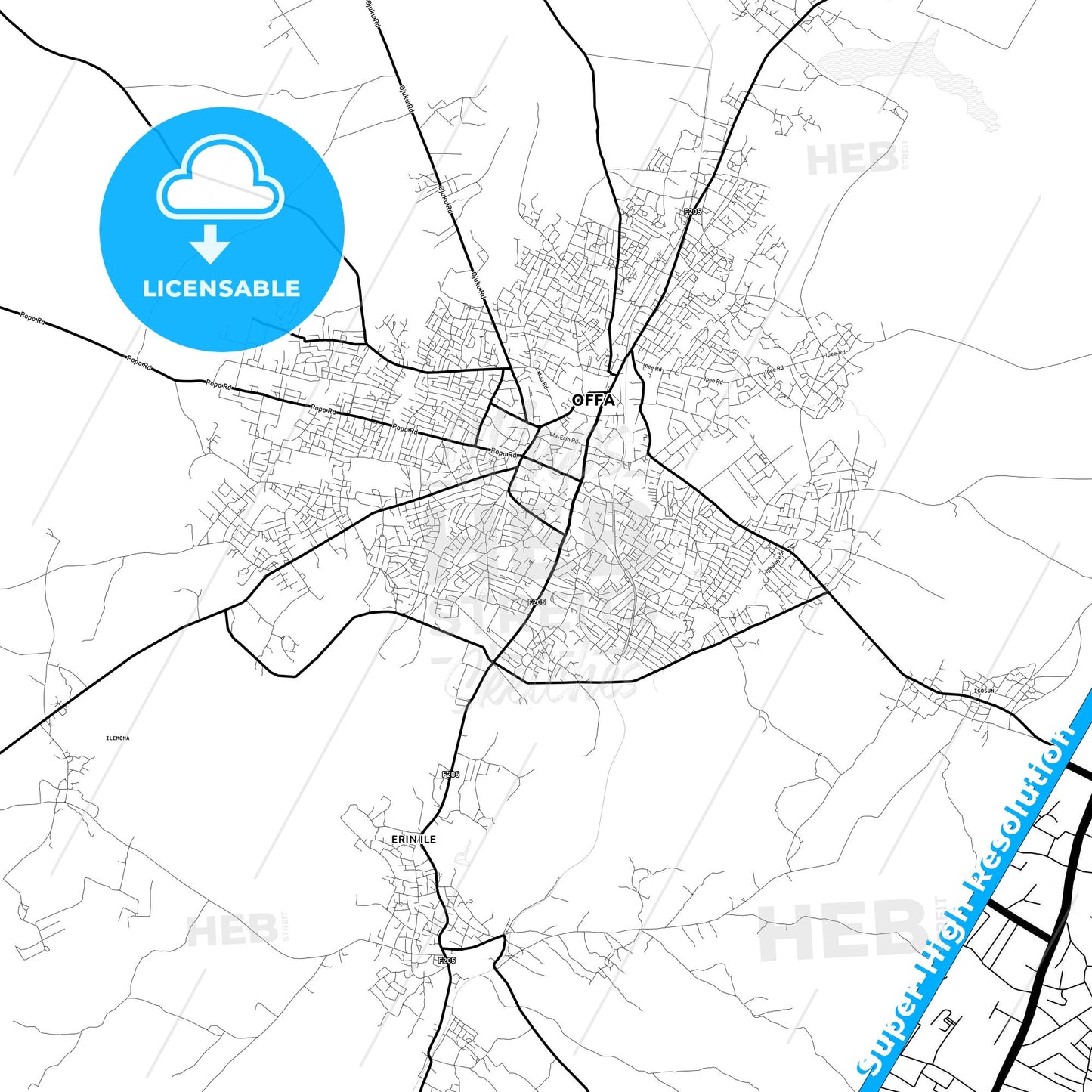 Offa, Nigeria Light Map with Street Names, City Names, and Districts