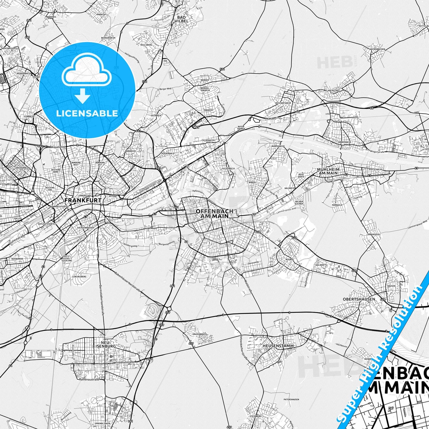 Offenbach am Main, Germany light map with streetnames, citynames and districts