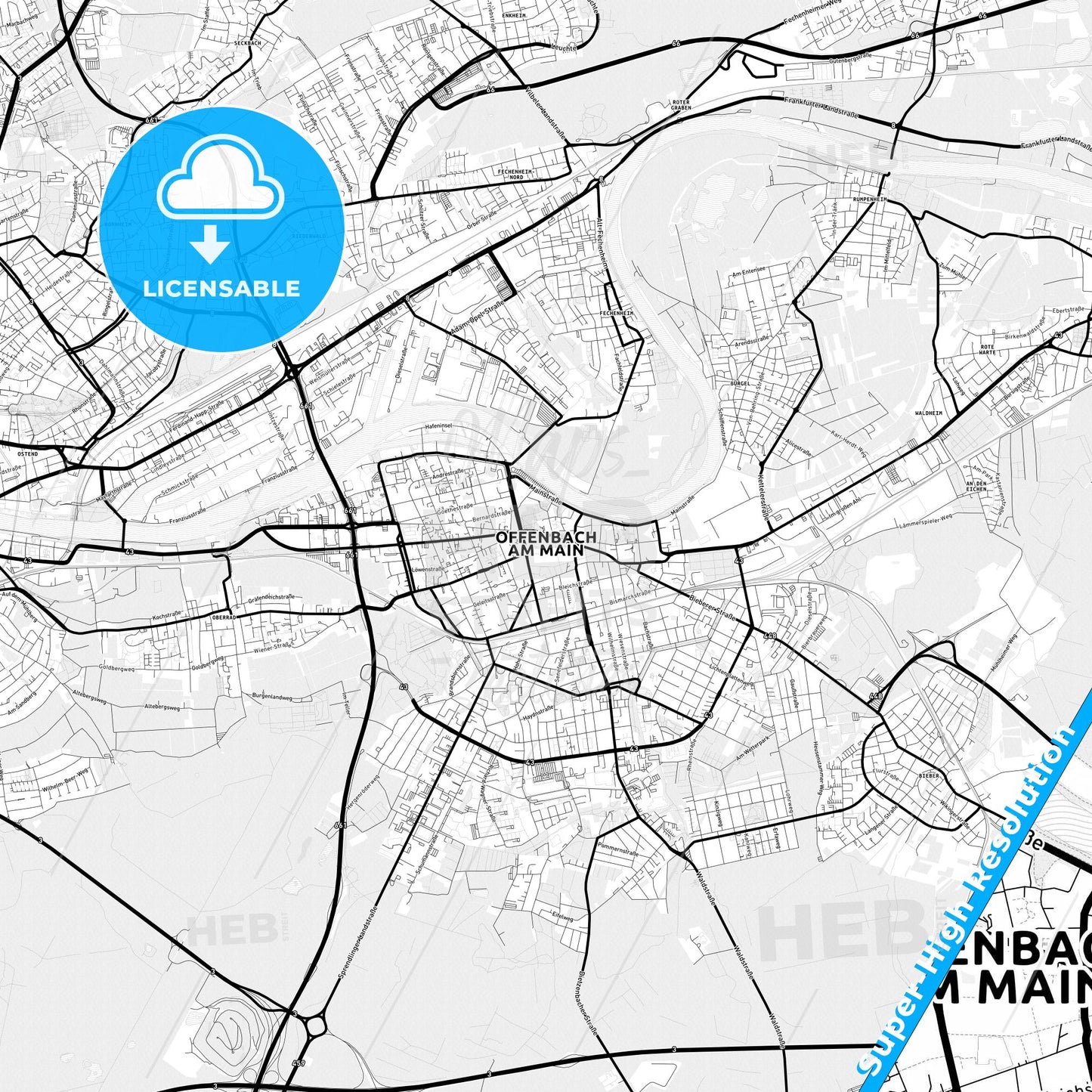Offenbach am Main, Germany Light Map with Street Names, City Names, and Districts