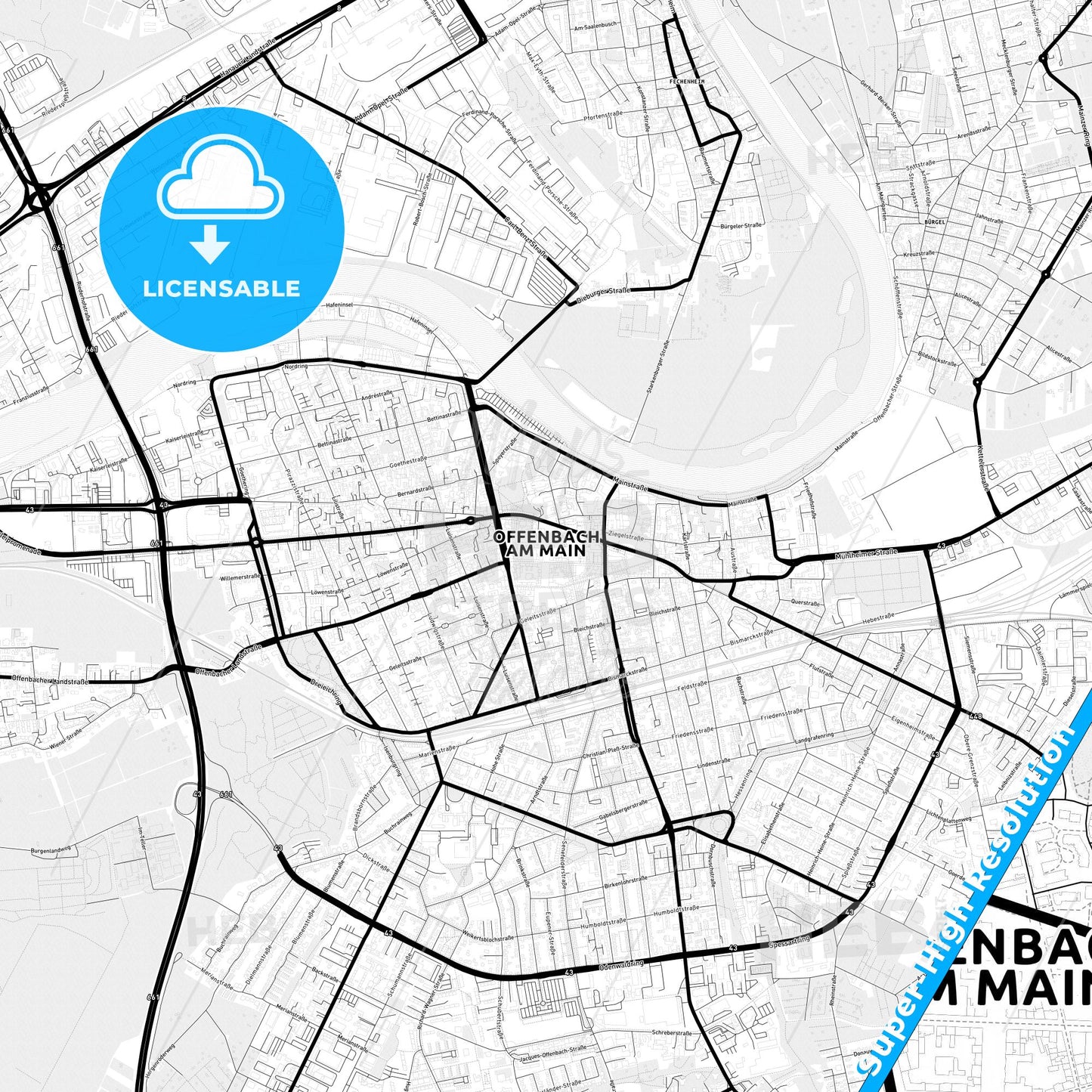 Offenbach am Main, Germany Light Map with Street Names, City Names, and Districts
