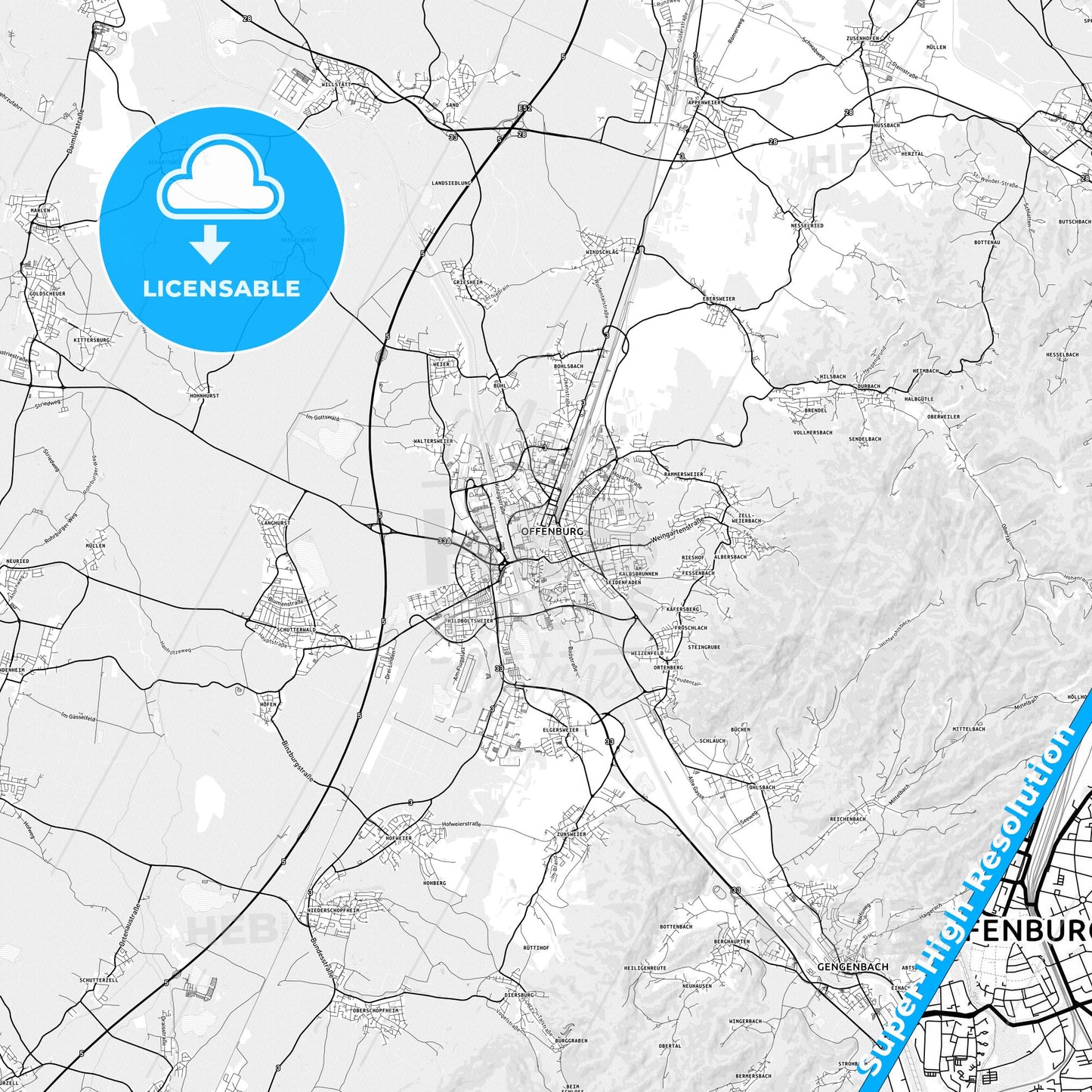 Offenburg, Germany light map with streetnames, citynames and districts